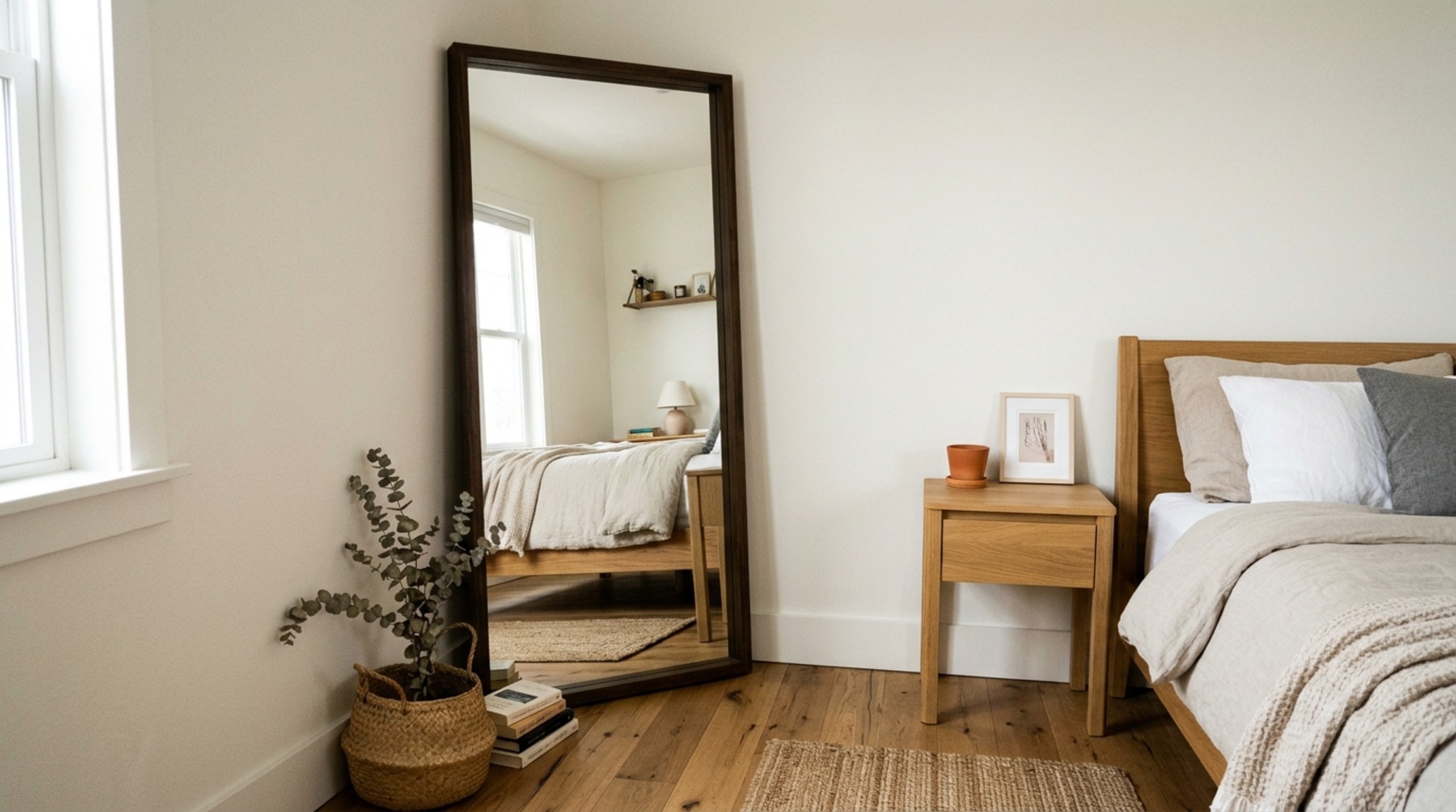 small space cool bedroom ideas for small rooms using a large wall mirror to double the visual depth and reflect natural daylight from a narrow window small space cool bedroom ideas for small rooms using a large wall mirror to double the visual depth and reflect natural daylight from a narrow window