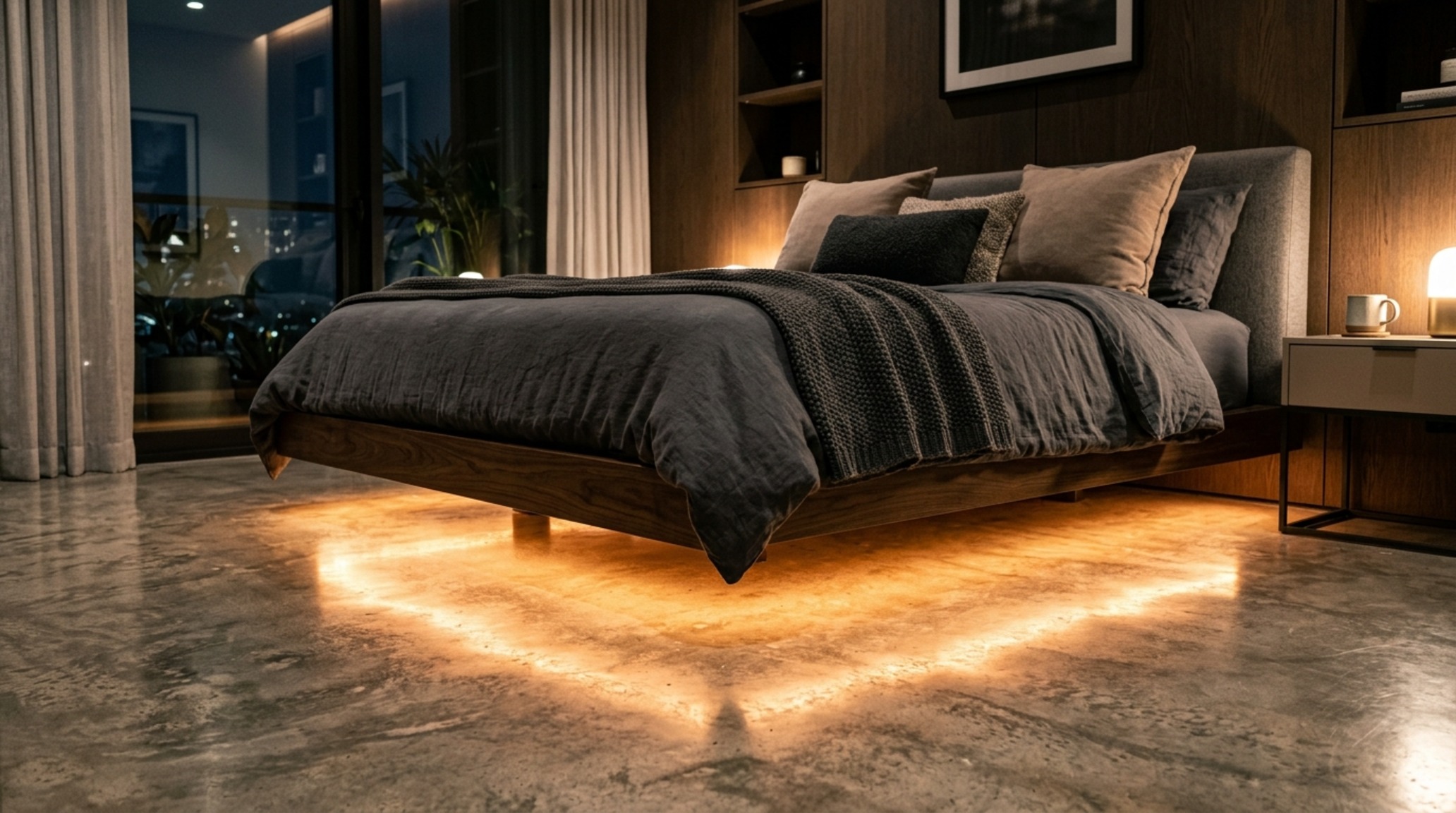 cool bedroom ideas for small rooms lighting guide illustrating under-bed LED strip lighting for a hovering furniture effect in a dimly lit room cool bedroom ideas for small rooms lighting guide illustrating under-bed LED strip lighting for a hovering furniture effect in a dimly lit room
