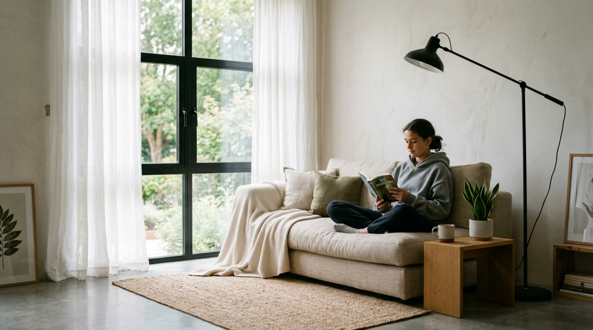 Modern cool bedrooms for teenagers ideas showing a minimalist lounge corner with a low-profile linen sofa and a collection of curated art books on a concrete floor. Modern cool bedrooms for teenagers ideas showing a minimalist lounge corner with a low-profile linen sofa and a collection of curated art books on a concrete floor.