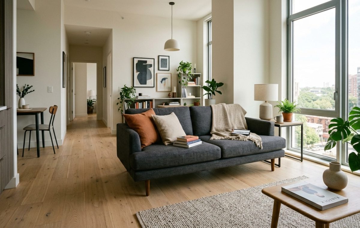 modern decorating ideas for a small apartment ideas featuring a low-profile sofa on tapered legs and a 36-inch clear walkway for optimal flow
