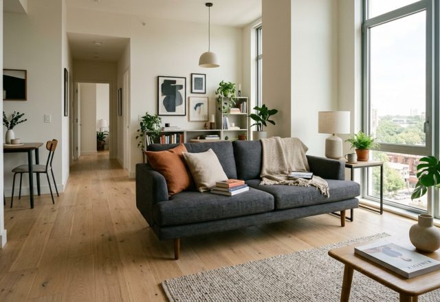 modern decorating ideas for a small apartment ideas featuring a low-profile sofa on tapered legs and a 36-inch clear walkway for optimal flow