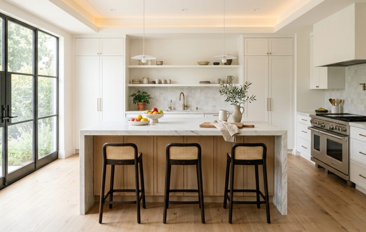 Modern design your kitchen layout ideas showcasing an open-concept flow with 42-inch clearances between a white oak island and a marble-clad back wall.