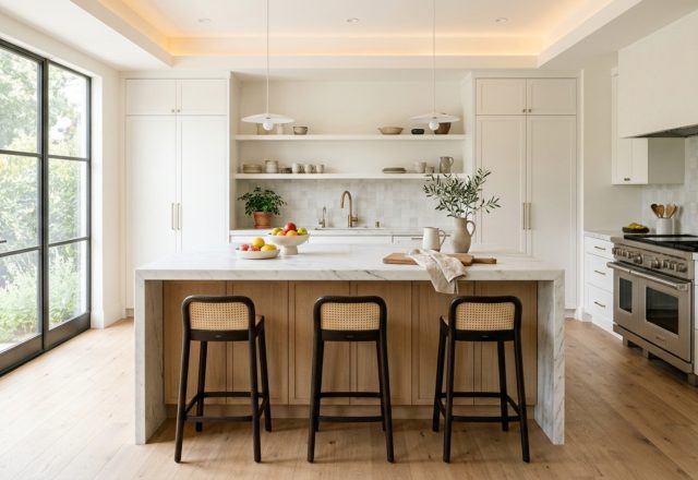 Modern design your kitchen layout ideas showcasing an open-concept flow with 42-inch clearances between a white oak island and a marble-clad back wall.