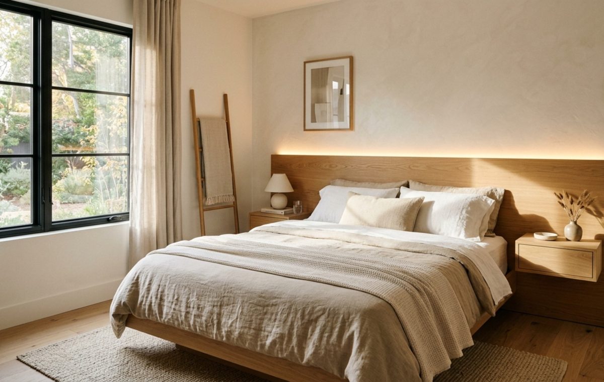 modern designs for small bedrooms ideas featuring a floating oak headboard and integrated warm LED lighting for a streamlined aesthetic