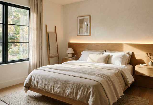 modern designs for small bedrooms ideas featuring a floating oak headboard and integrated warm LED lighting for a streamlined aesthetic