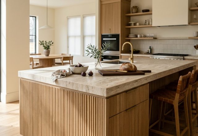 modern design your kitchen layout ideas featuring a monolithic white oak island with honed travertine countertop and 42-inch architectural clearances