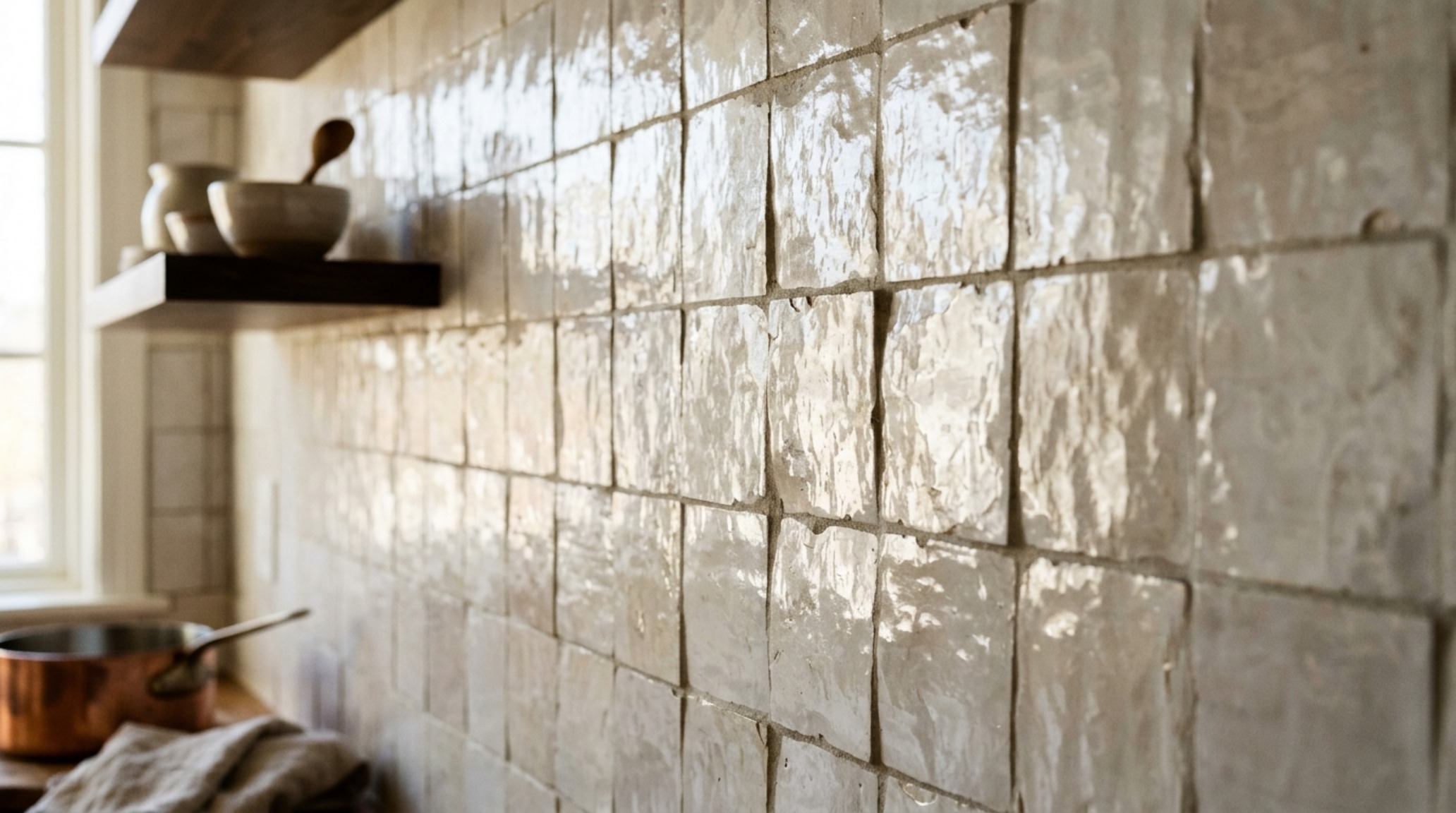 Luxury design your kitchen layout textures including hand-glazed Zellige tiles in a soft off-white, creating a rhythmic, shimmering backsplash surface.