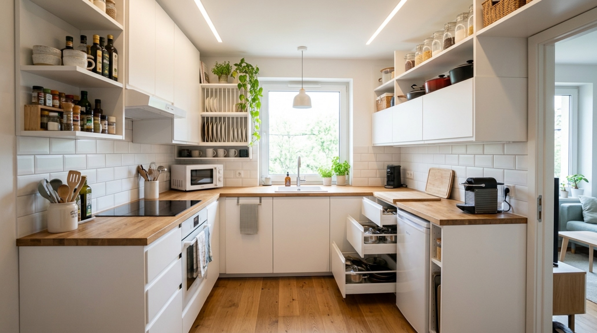 Small space design your kitchen layout utilizing a pull-out spice rack and corner carousel to maximize every inch of a compact U-shaped footprint.