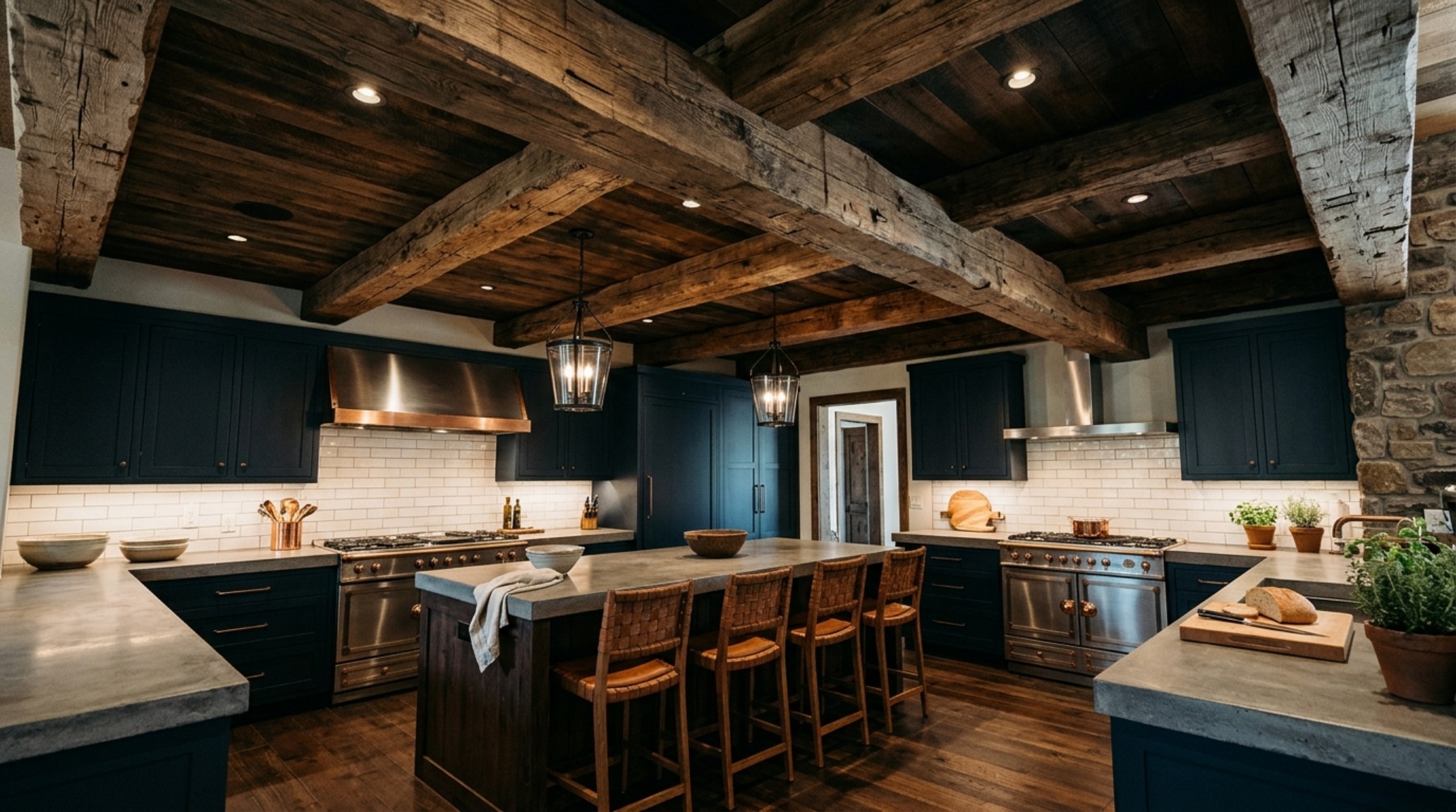 Design your kitchen layout lighting guide focusing on recessed architectural pin lights that highlight the texture of a reclaimed timber ceiling.