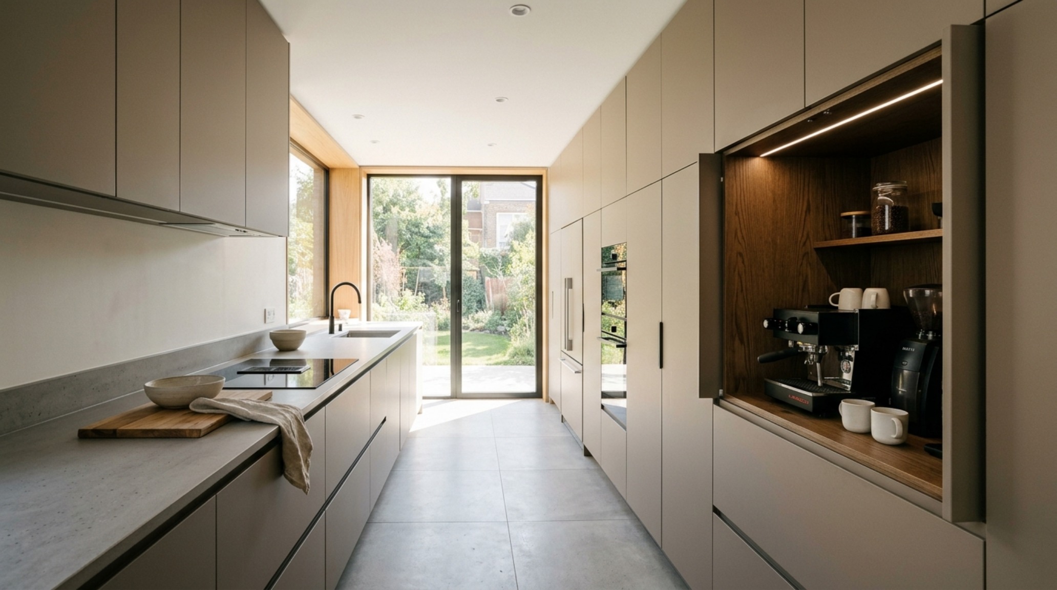 Modern design your kitchen layout ideas presenting a minimalist galley kitchen with floor-to-ceiling cabinetry and a hidden coffee station.