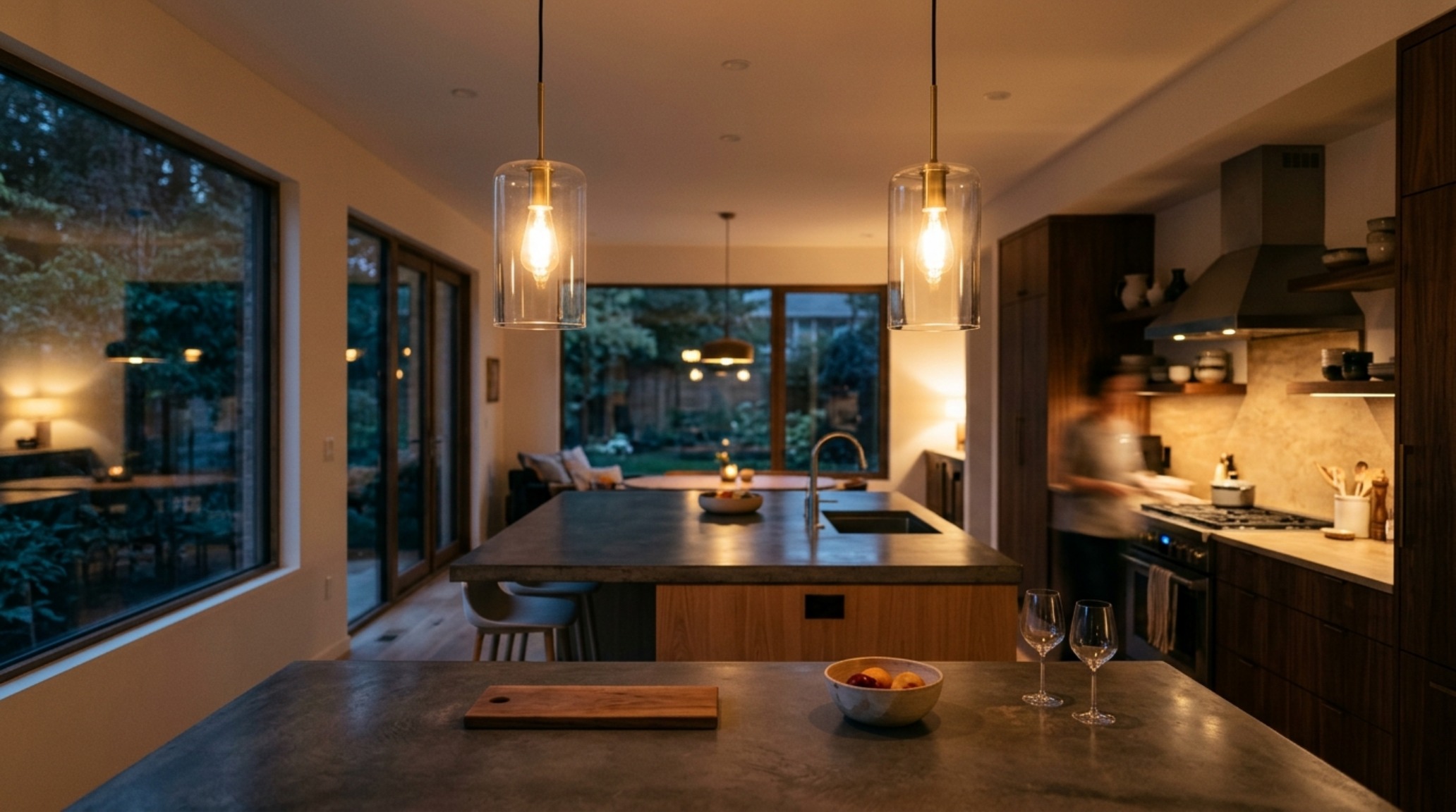 Design your kitchen layout lighting guide illustrating 2700K warm ambient pendants hung 32 inches above a central prep station with integrated task lighting.