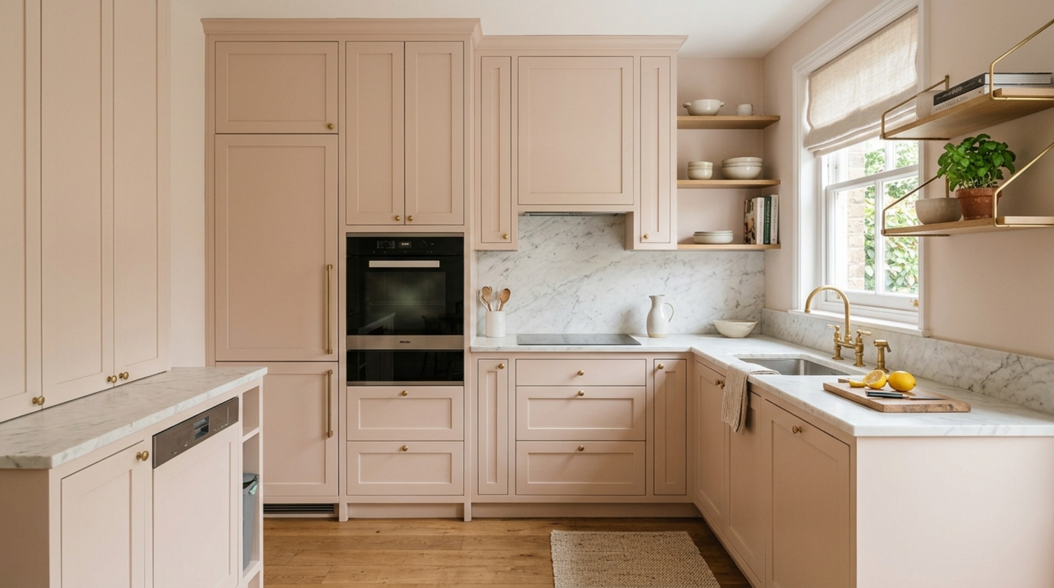 Small space design your kitchen layout emphasizing vertical storage solutions and integrated appliances in a monochromatic Farrow & Ball Setting Plaster finish.