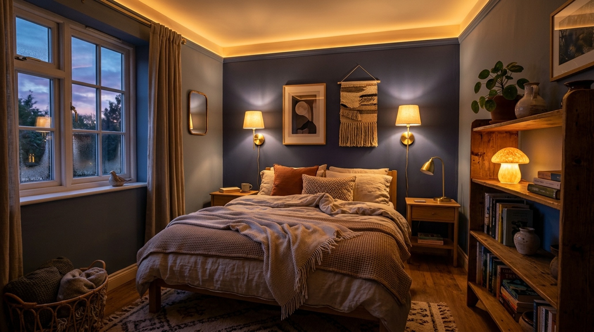 designs for small bedrooms lighting guide illustrating 2700K warm ambient sconces and indirect cove lighting to enhance spatial depth