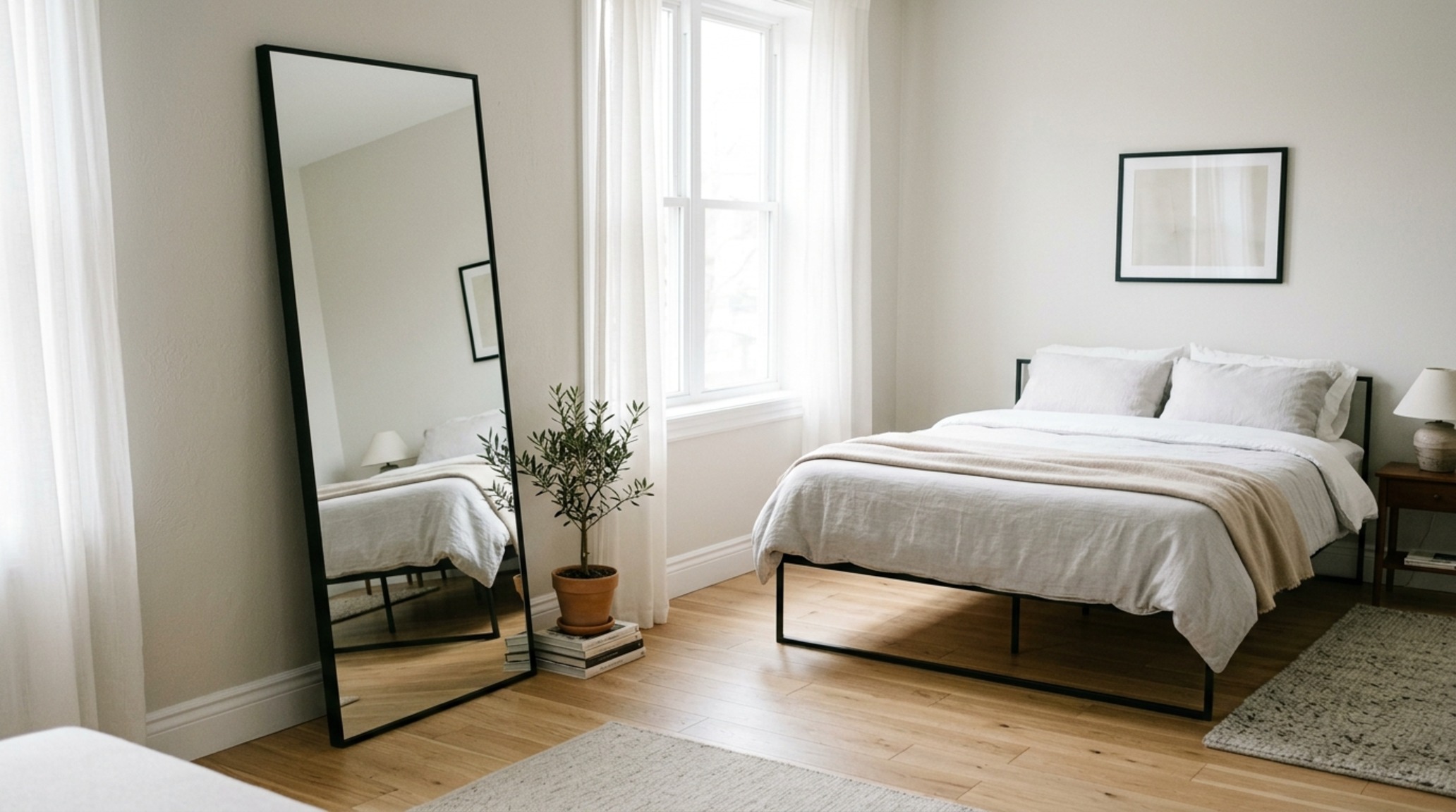 small space designs for small bedrooms demonstrating the use of leggy furniture and mirrored panels to maintain floor plane continuity