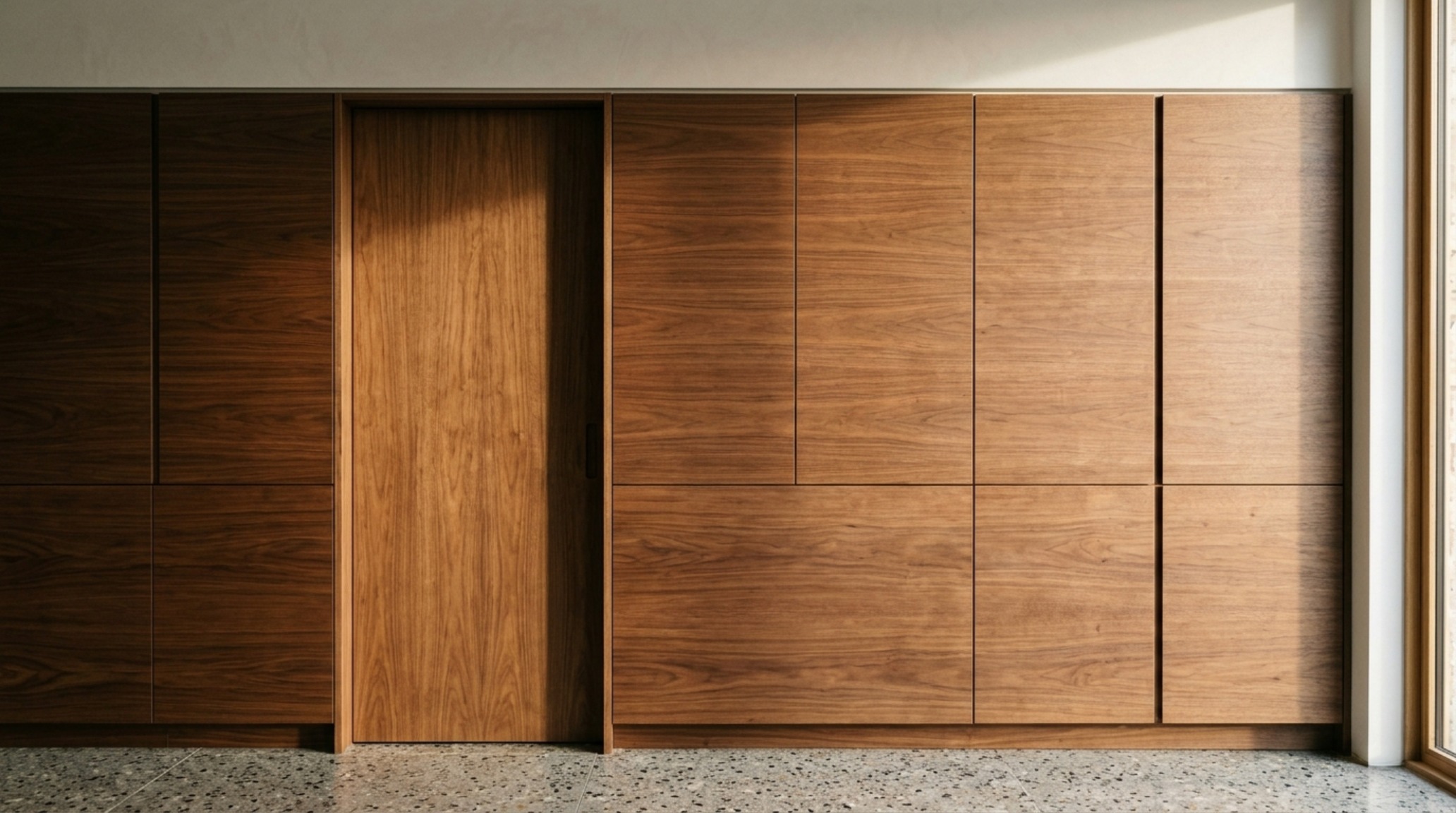 Modern design your kitchen layout ideas featuring a hidden pantry entrance concealed behind seamless walnut paneling with minimalist hardware.