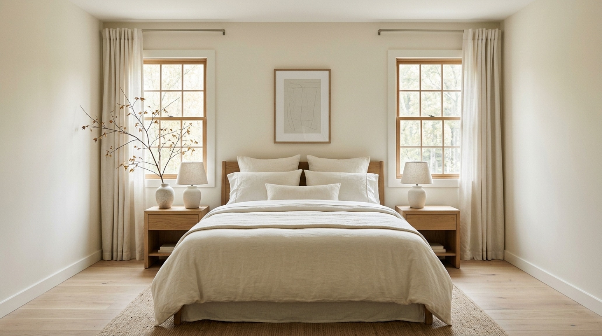 modern designs for small bedrooms ideas using Benjamin Moore Swiss Coffee paint and monochromatic layering to expand the visual volume