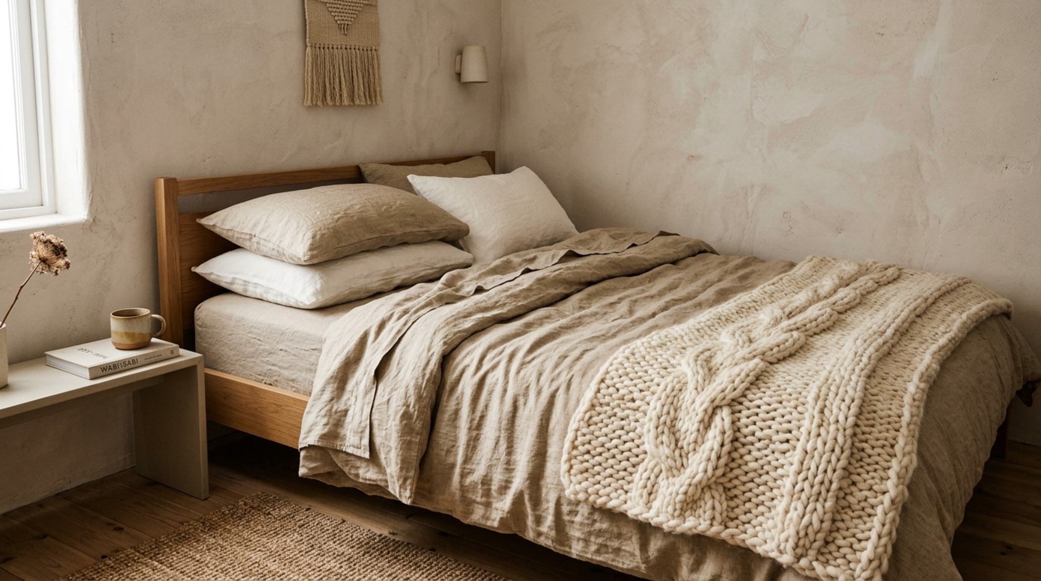 luxury designs for small bedrooms textures with a focus on raw Belgian linen bedding and a high-CRI lighting scheme for an intimate atmosphere