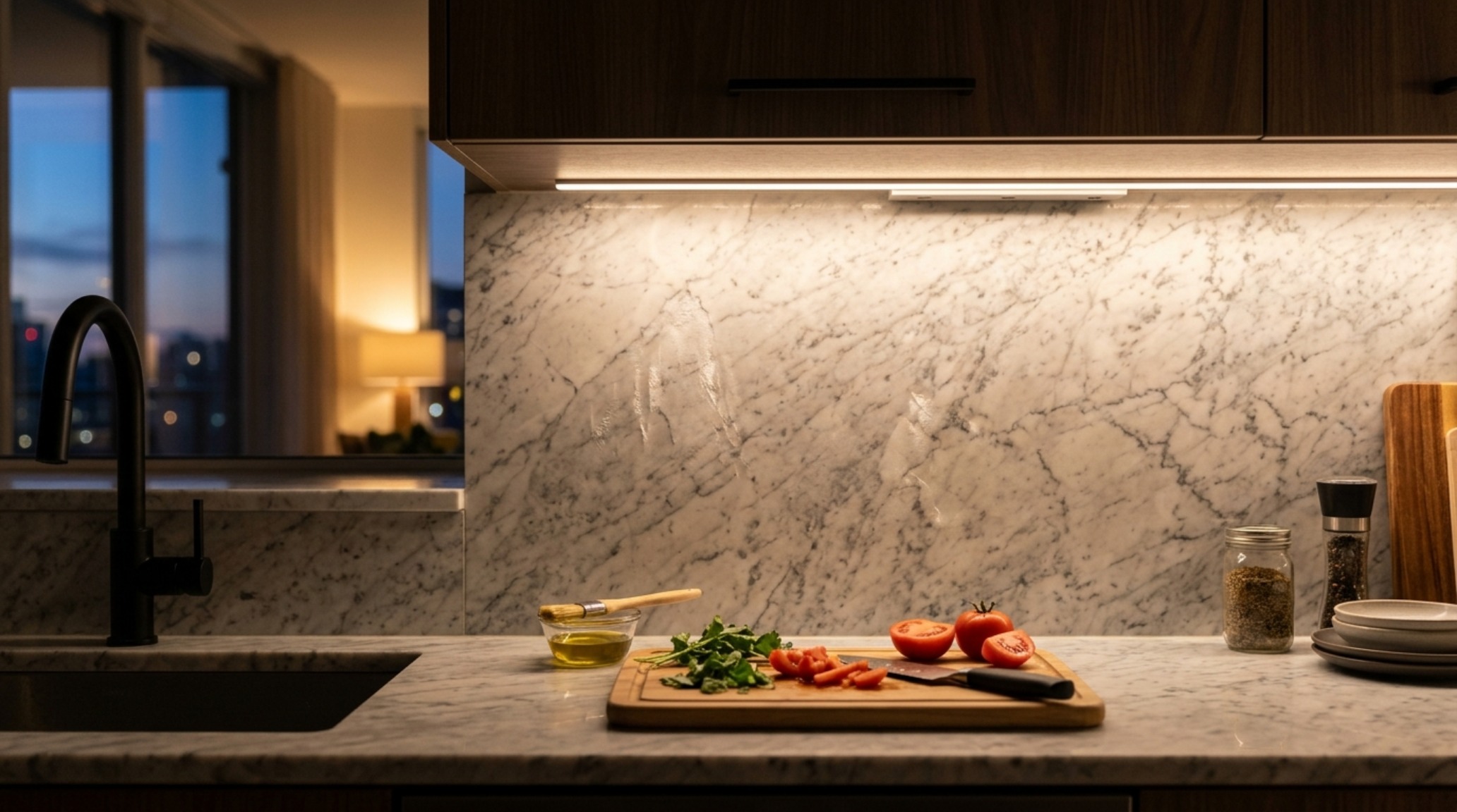 Design your kitchen layout lighting guide showing the effect of 3000K high CRI 92+ LED strips under-cabinetry for precise culinary preparation.