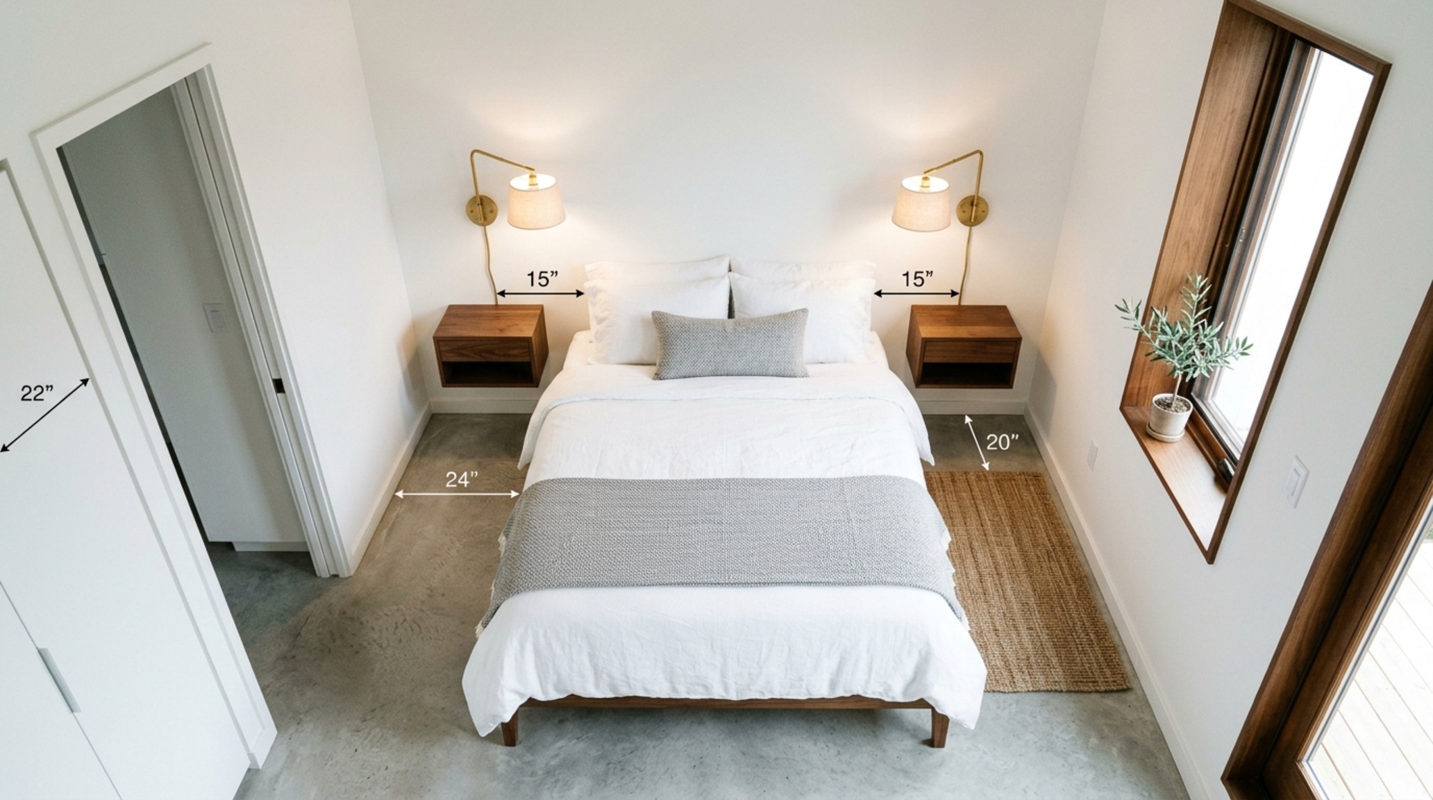 designs for small bedrooms lighting guide showing the placement of swing-arm wall sconces to maximize nightstand surface area