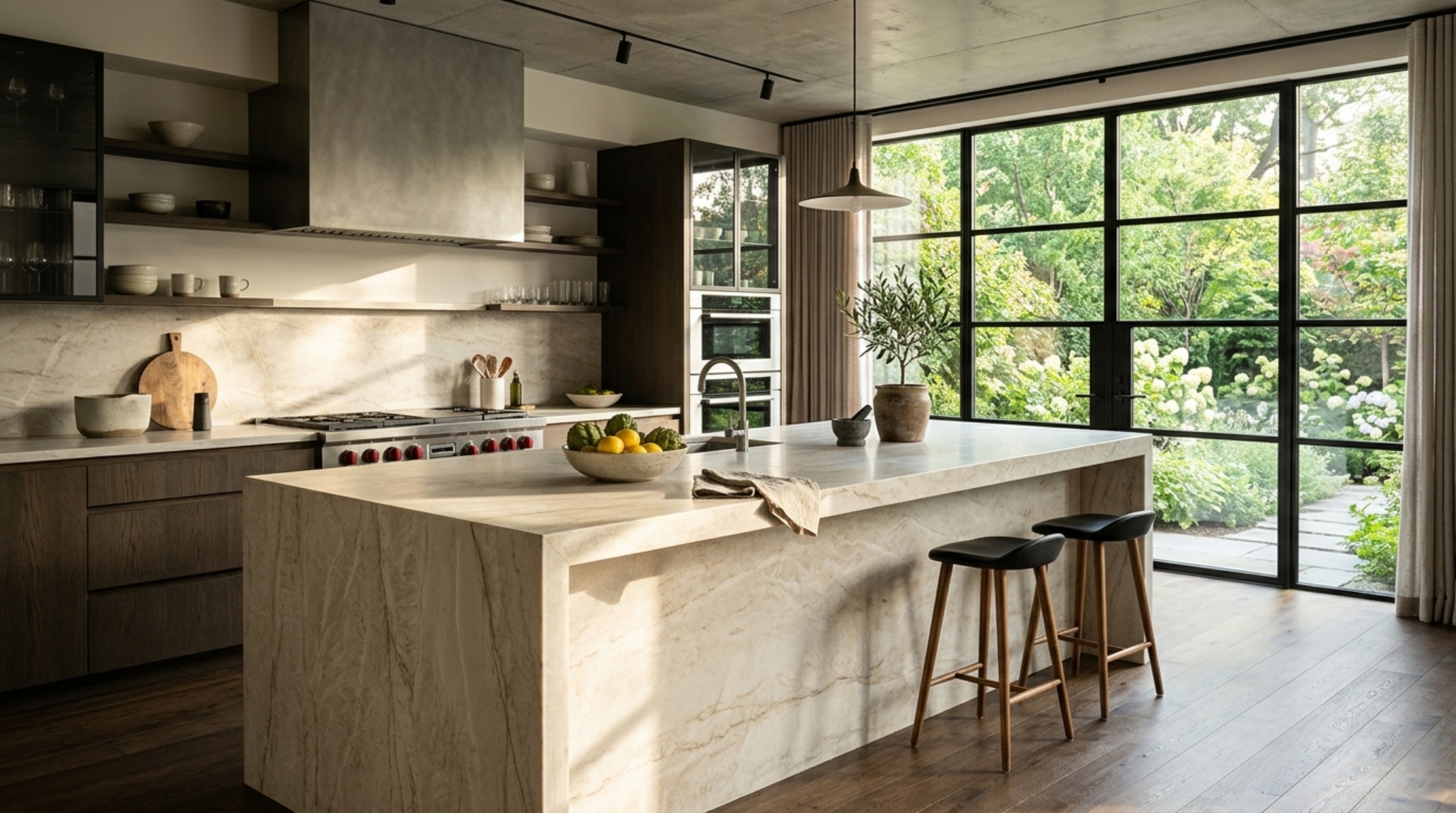Modern design your kitchen layout ideas displaying a waterfall edge island in honed quartzite reflecting soft morning sunlight through large steel-framed windows.