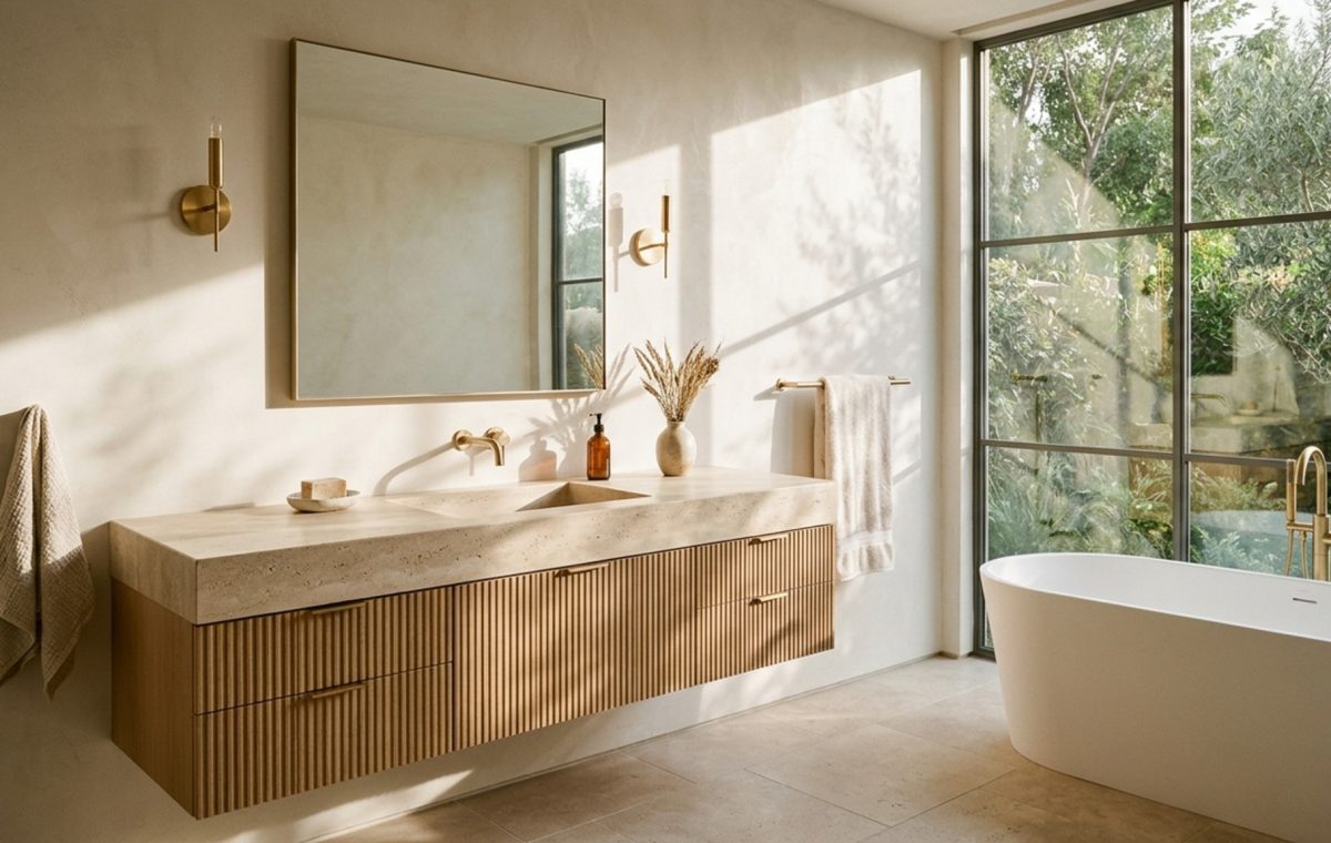 luxury dwell magazine bathrooms textures featuring fluted white oak vanities and honed travertine stone walls in soft morning light