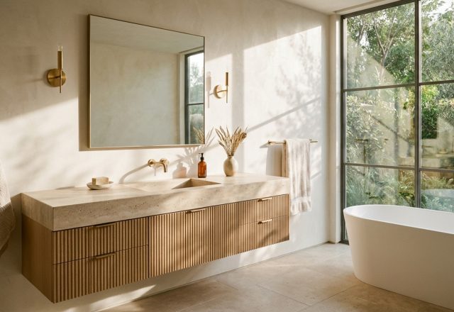 luxury dwell magazine bathrooms textures featuring fluted white oak vanities and honed travertine stone walls in soft morning light