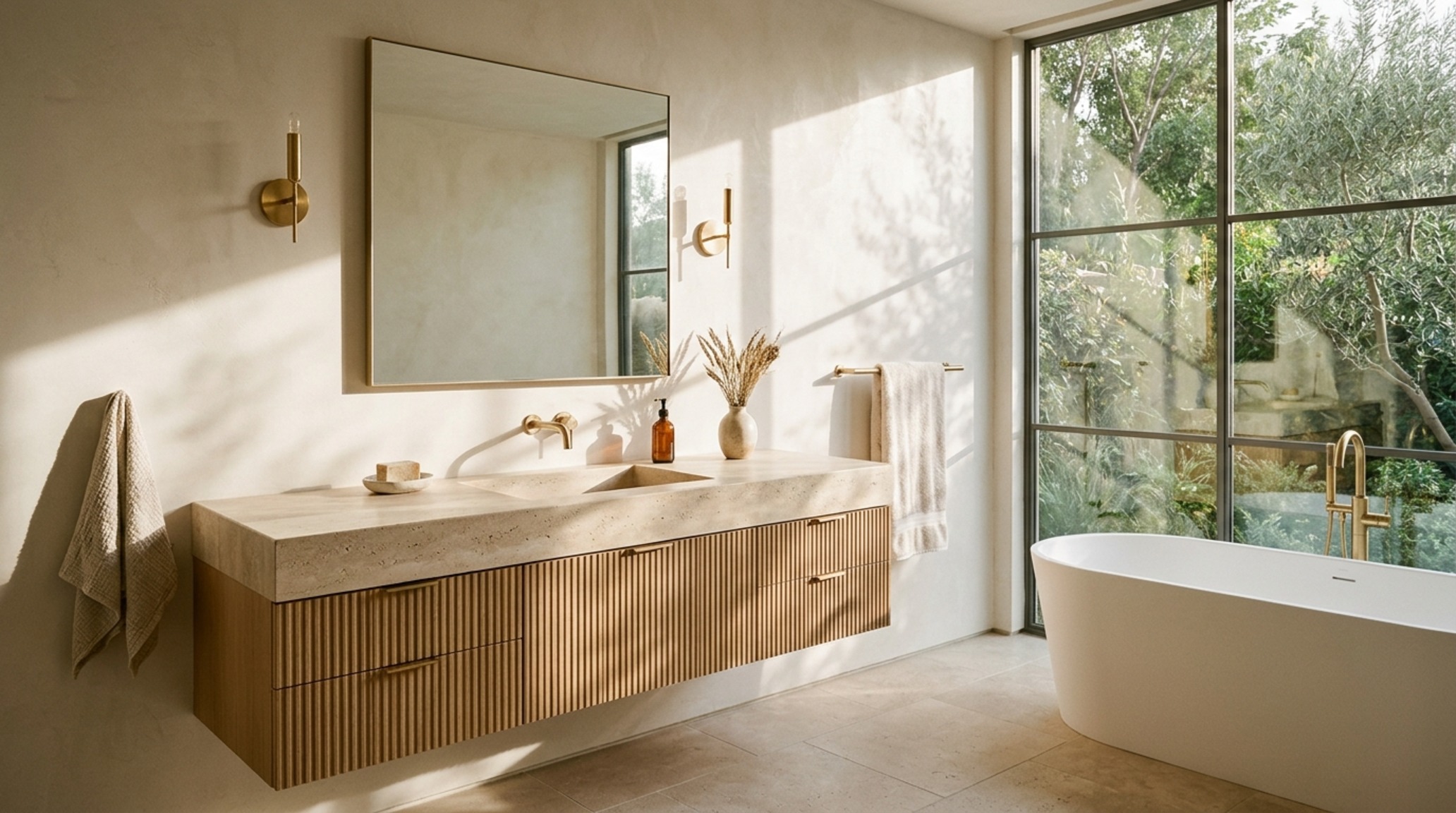 luxury dwell magazine bathrooms textures featuring fluted white oak vanities and honed travertine stone walls in soft morning light luxury dwell magazine bathrooms textures featuring fluted white oak vanities and honed travertine stone walls in soft morning light