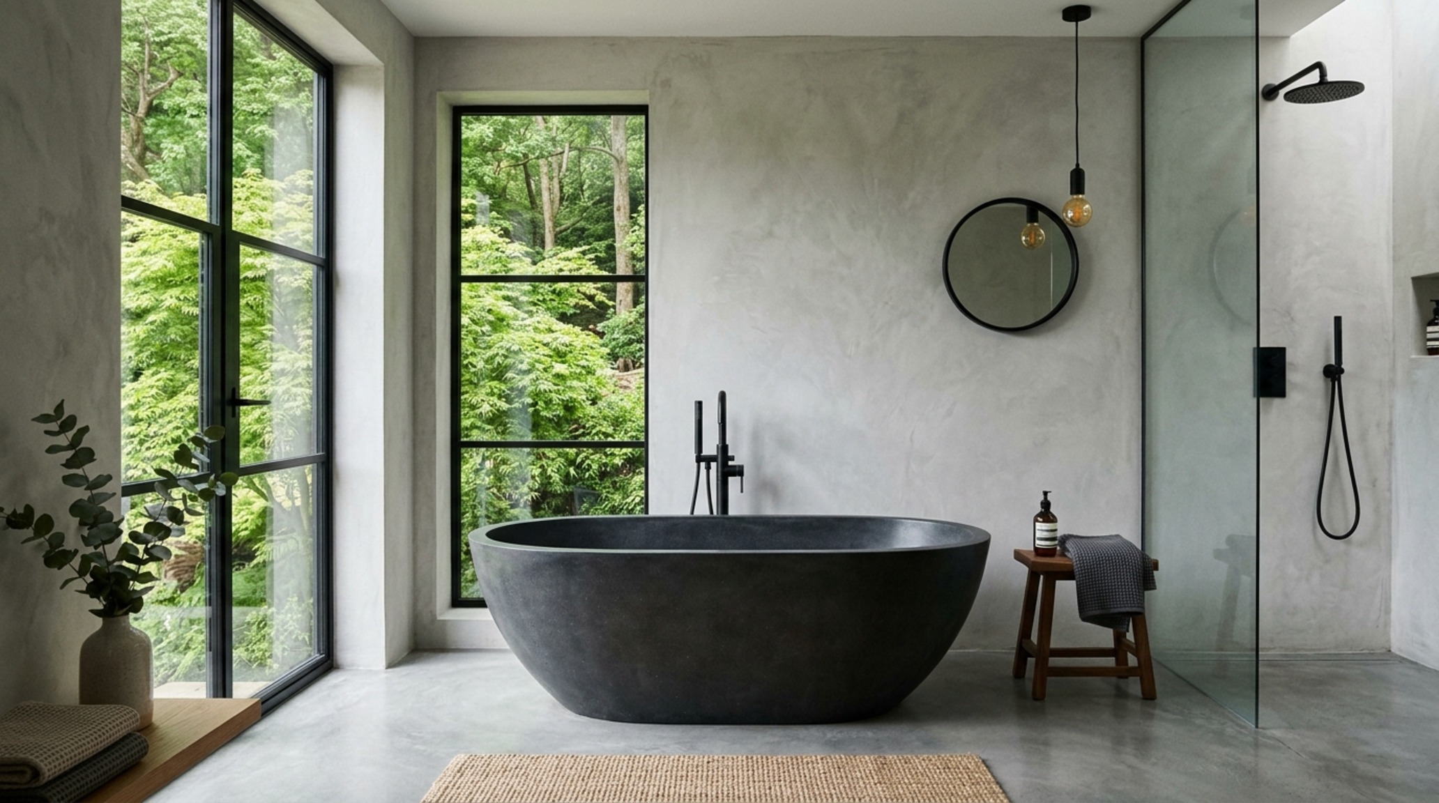 modern dwell magazine bathrooms ideas showcasing a matte black freestanding tub and minimalist floor-to-ceiling concrete plaster walls modern dwell magazine bathrooms ideas showcasing a matte black freestanding tub and minimalist floor-to-ceiling concrete plaster walls
