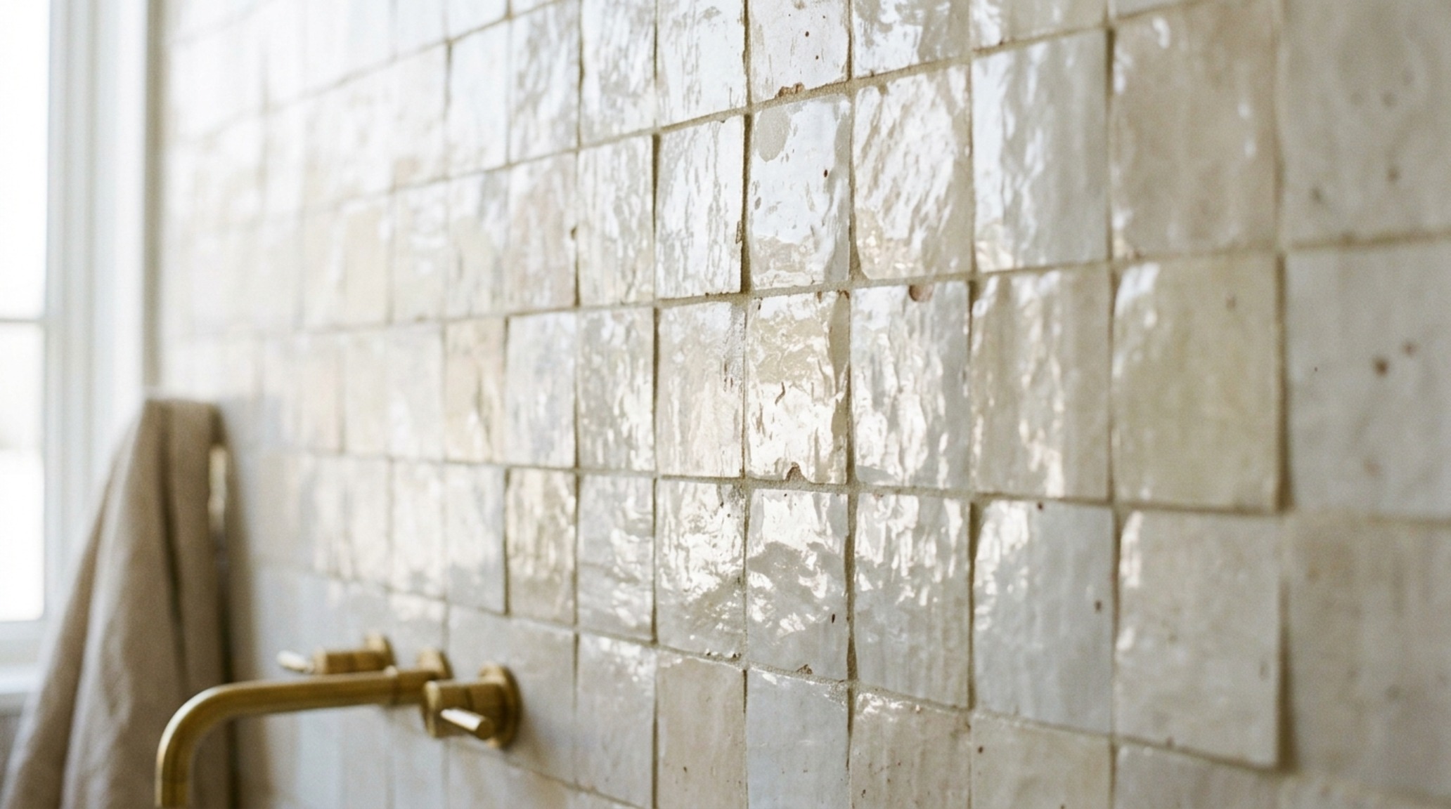luxury dwell magazine bathrooms textures highlighting handmade Zellige tiles with irregular surfaces catching directional natural sunlight luxury dwell magazine bathrooms textures highlighting handmade Zellige tiles with irregular surfaces catching directional natural sunlight