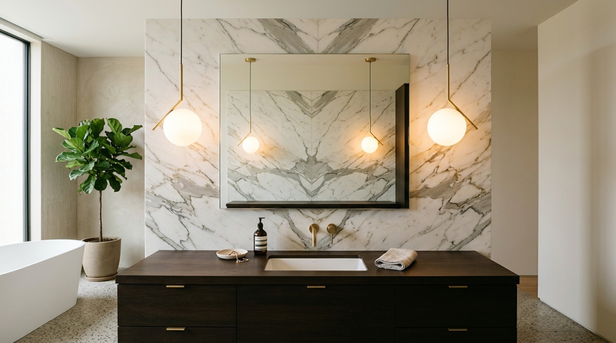 dwell magazine bathrooms lighting guide with high CRI 90+ pendants over a fluted wood vanity for natural skin tone rendering dwell magazine bathrooms lighting guide with high CRI 90+ pendants over a fluted wood vanity for natural skin tone rendering