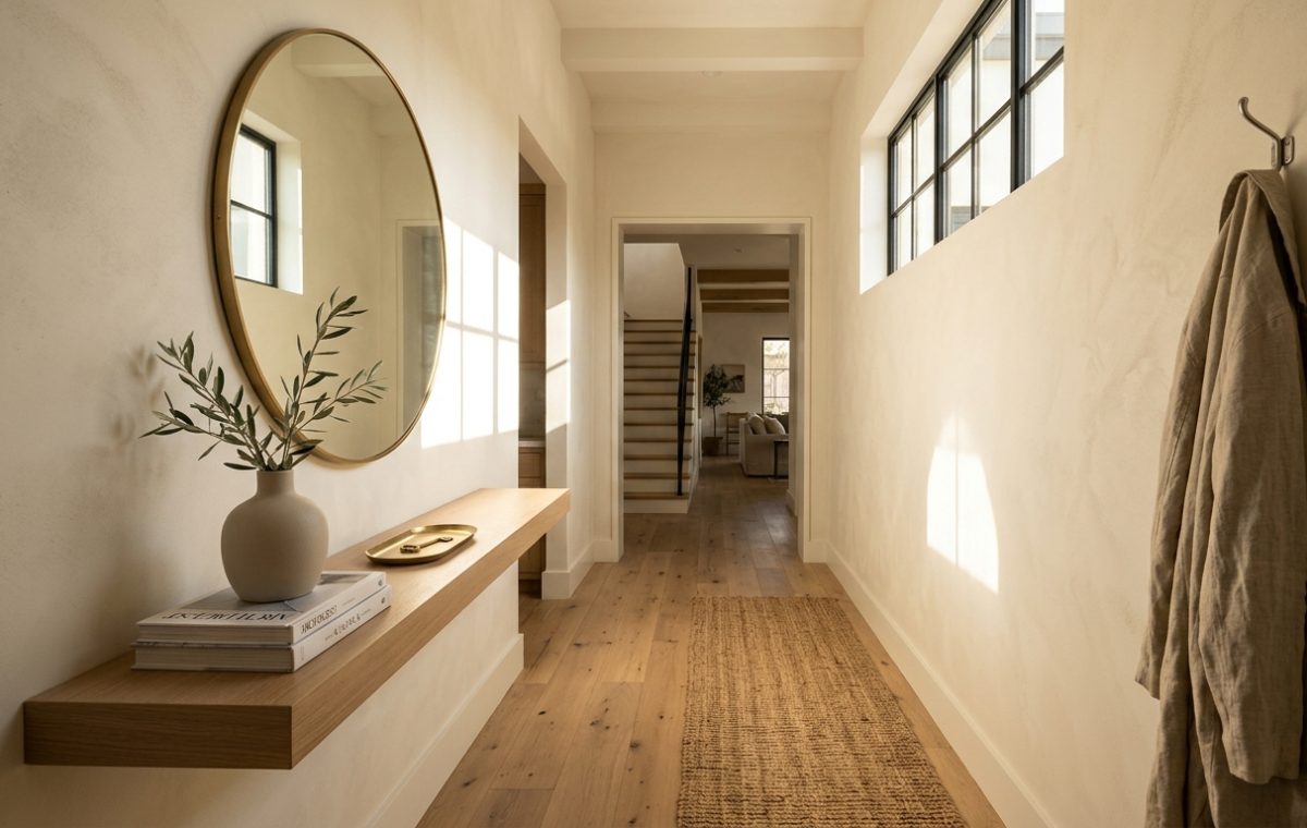 A sun-drenched narrow entryway featuring limewash walls in Benjamin Moore Swiss Coffee and a minimalist floating oak console for narrow entryway ideas.