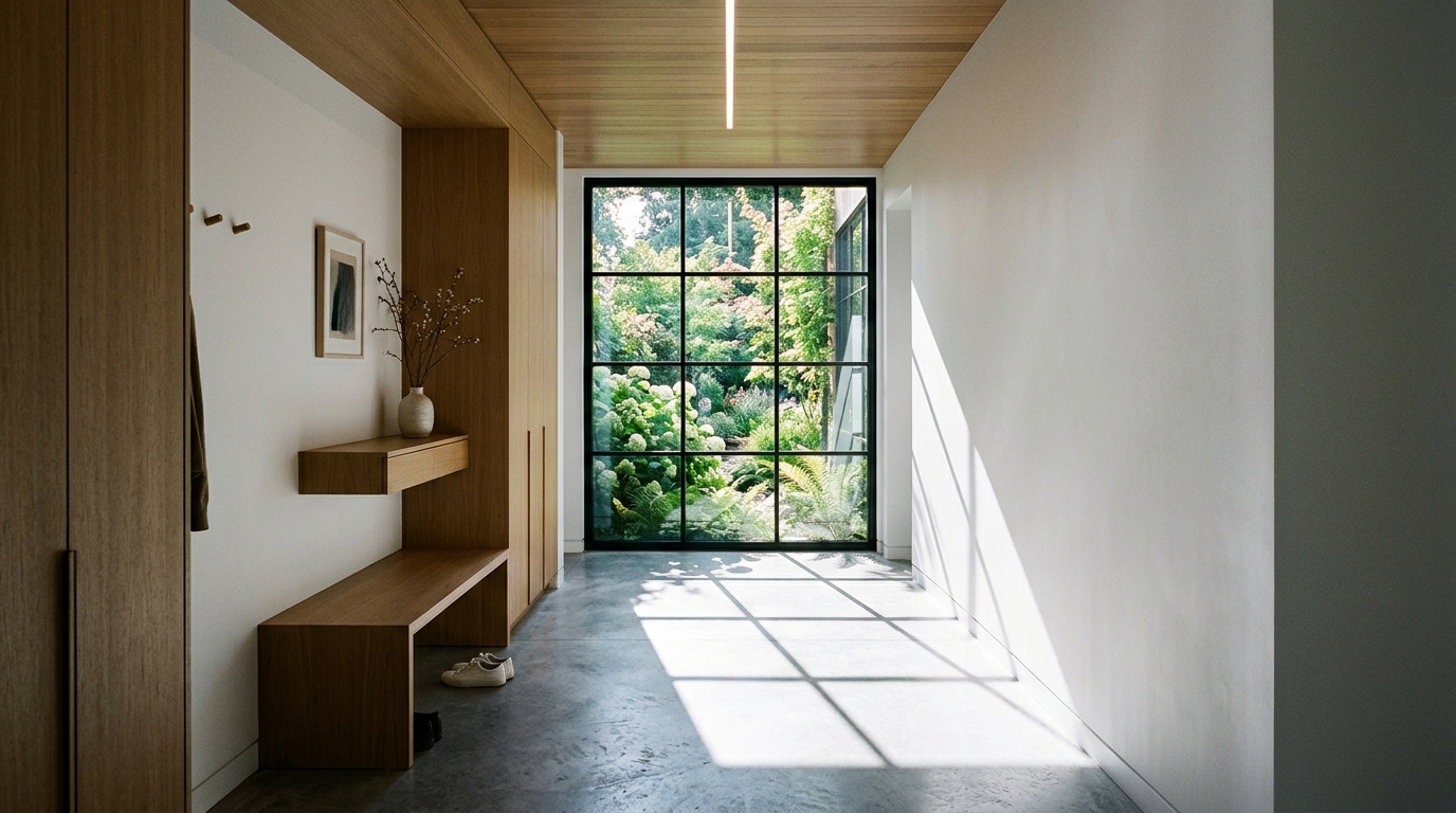 Strategic use of sightline alignment in a narrow hall leading toward a large window, a key feature of narrow entryway ideas architecture.