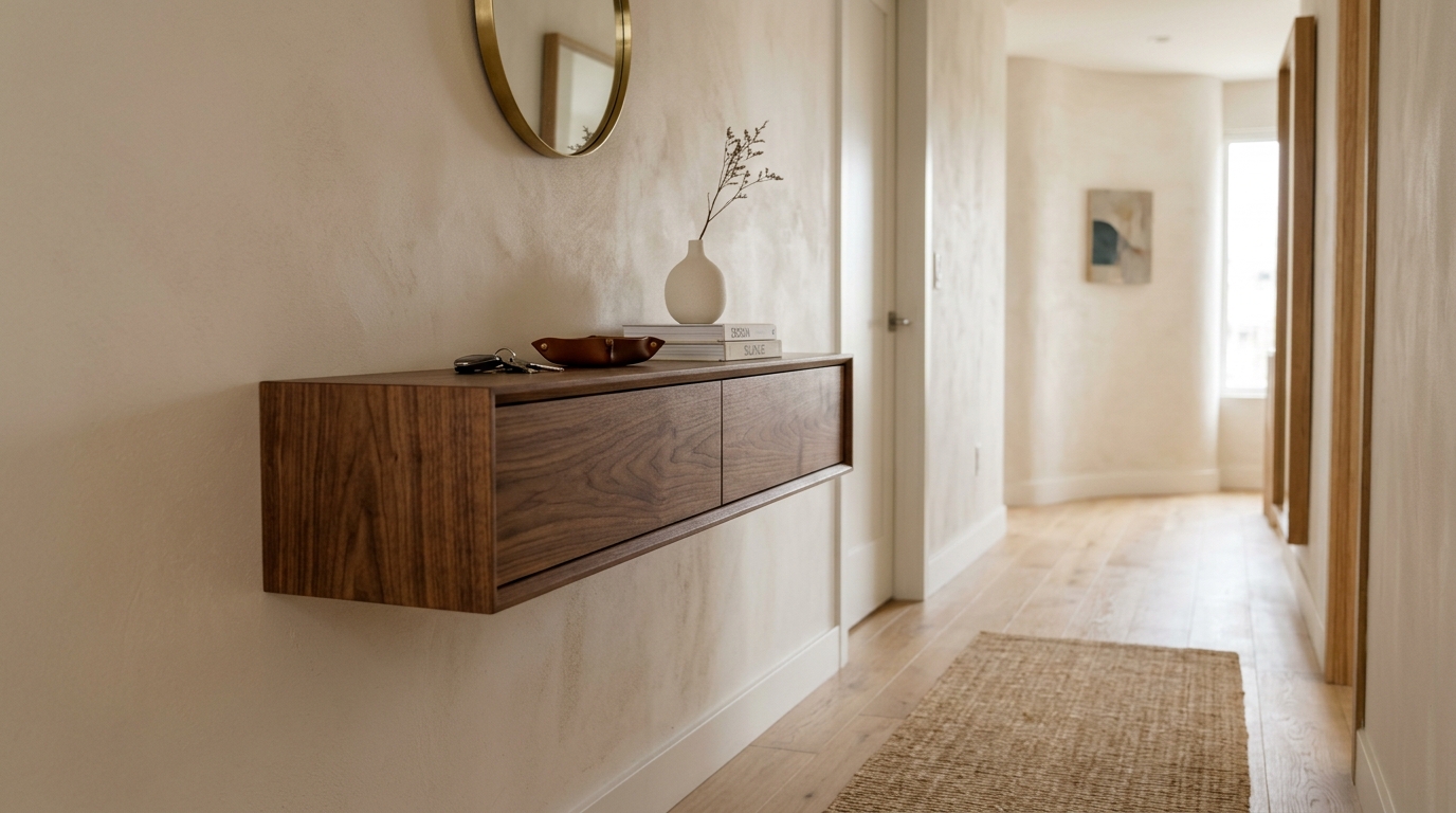 A small space narrow entryway ideas setup with a floating drawer and a single sculptural vase under soft directional light.