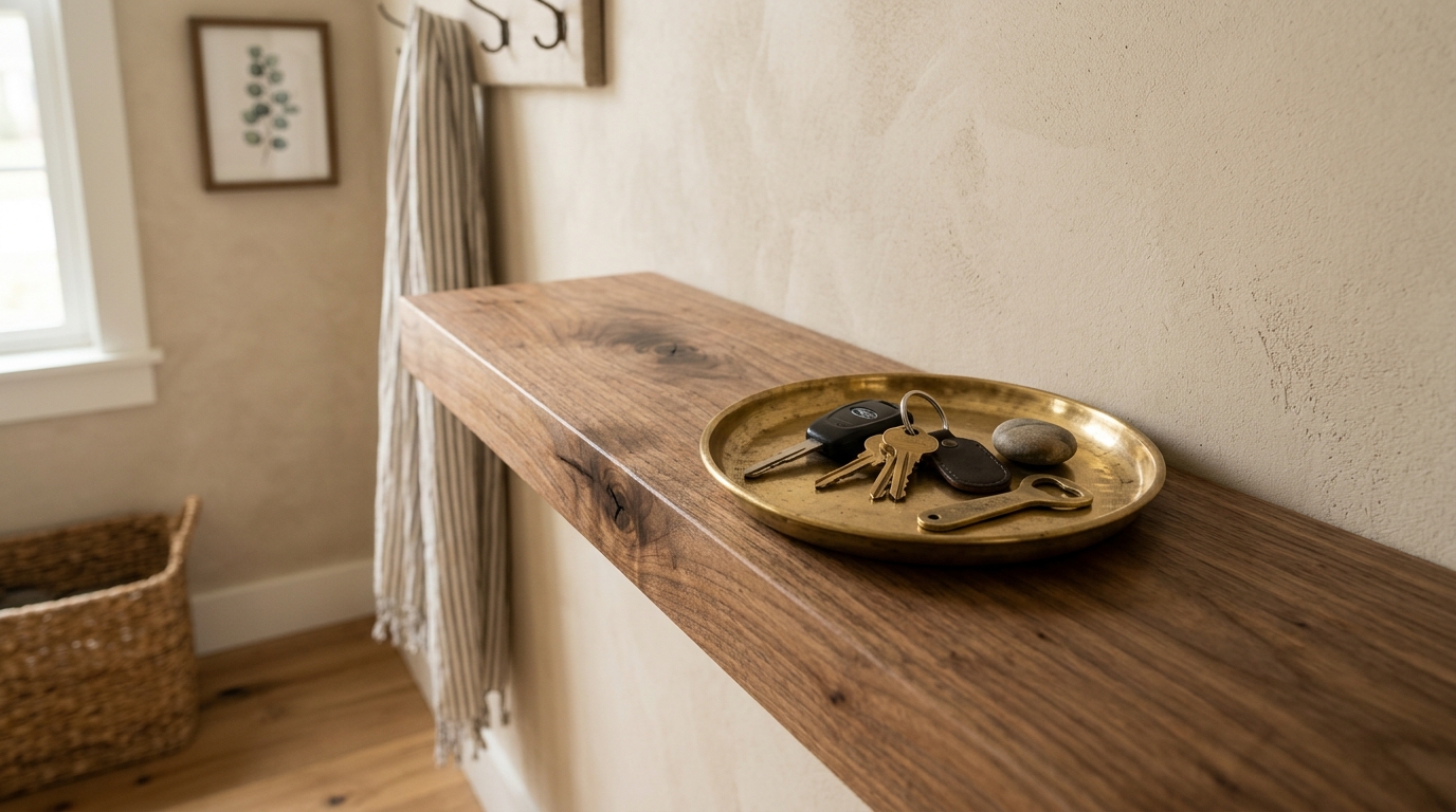 Contemporary hallway design showing the 30-inch height of a key landing tray on a custom-built walnut ledge.