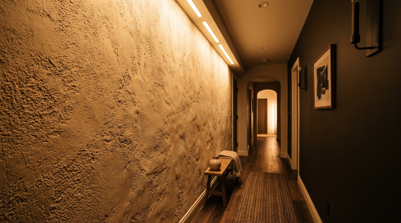 Shadow play on a textured lime-plaster wall in a narrow hall, highlighting the atmospheric mood of 2700K lighting.