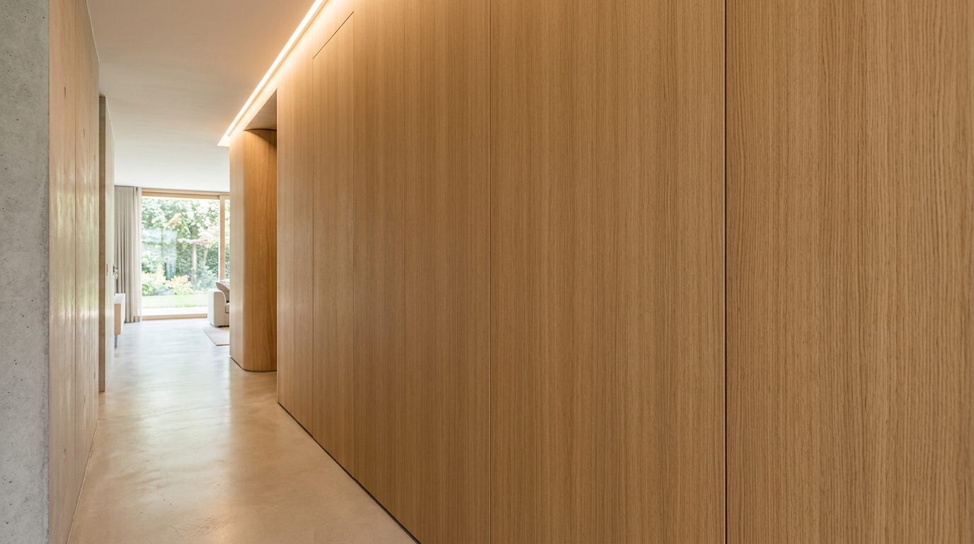 A minimalist architectural approach to narrow entryway ideas layout with hidden storage cabinets that blend into the wall paneling.