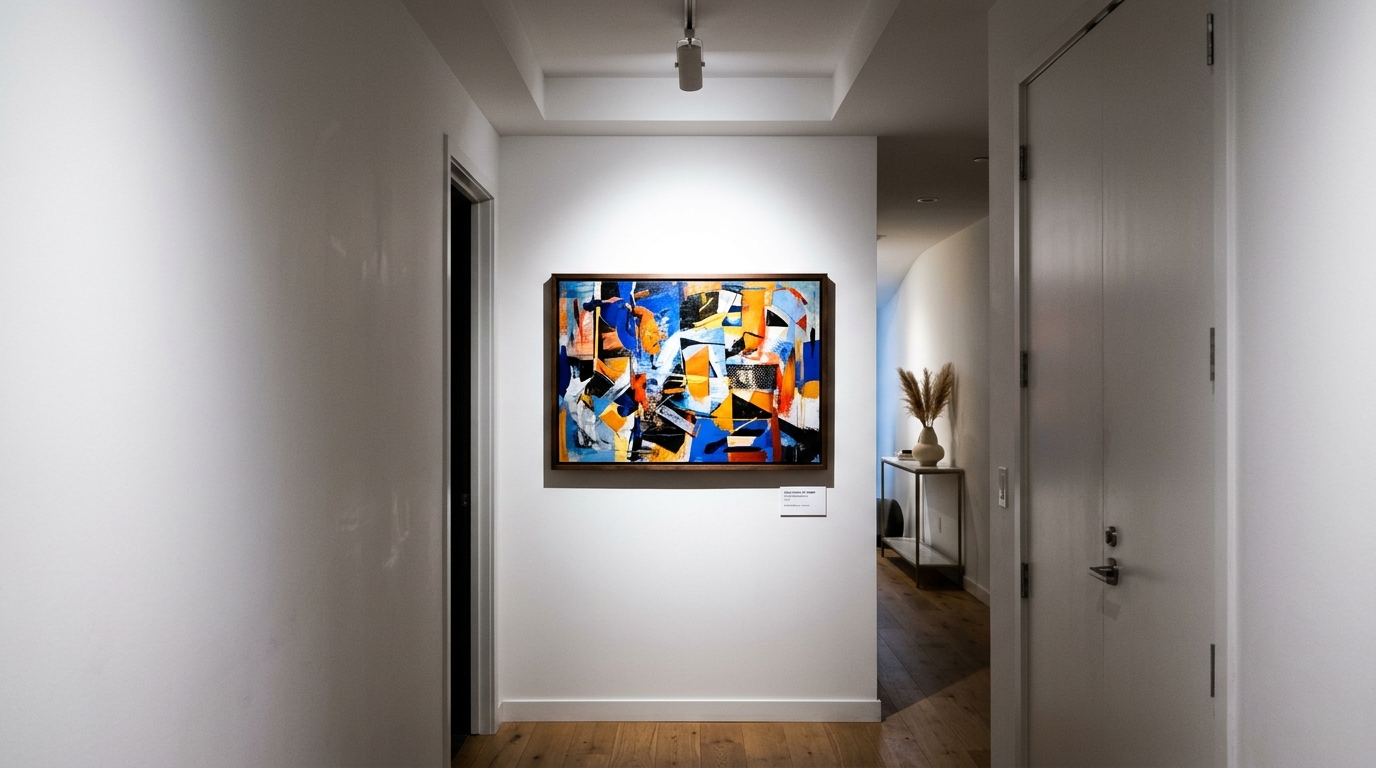 Close-up of a high-CRI light fixture illuminating a piece of colorful modern art in a narrow residential corridor.