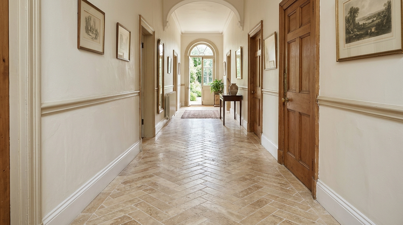 Natural stone flooring in a herringbone pattern providing visual width to a narrow entryway ideas architecture project.