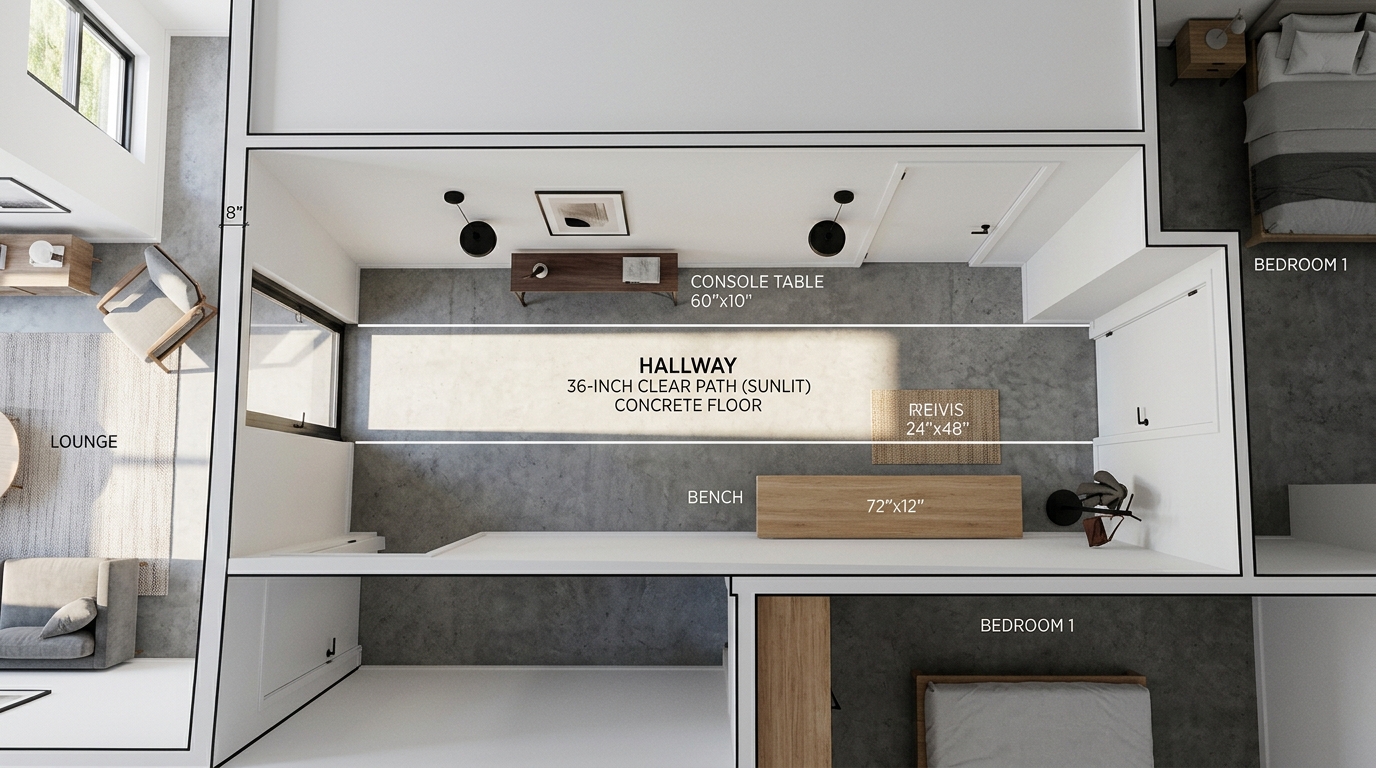 Top-down architectural perspective showing a 36-inch circulation path in a narrow entryway ideas layout, ensuring ergonomic flow.