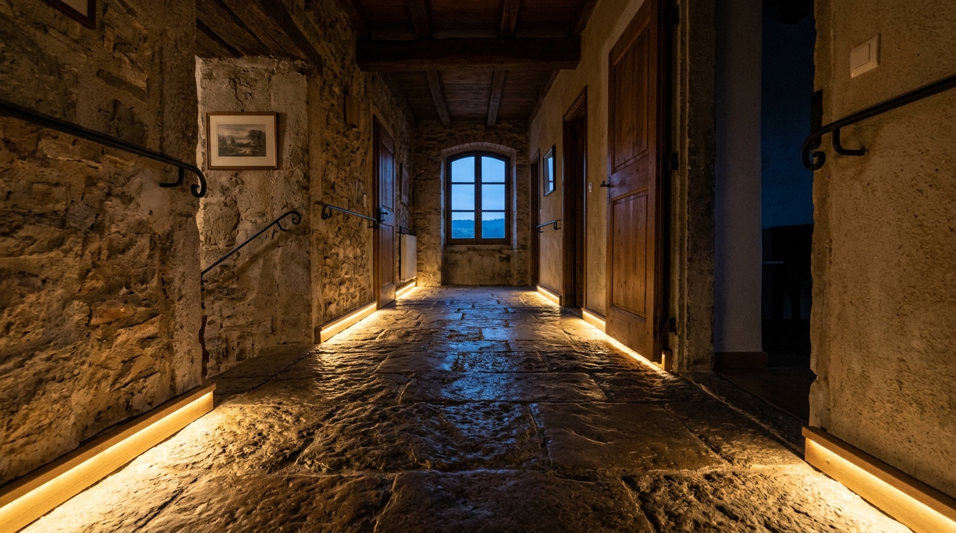 Soft-focus shot of a narrow entryway at dusk, emphasizing the transition from cold exterior to a warm 2700K interior glow.