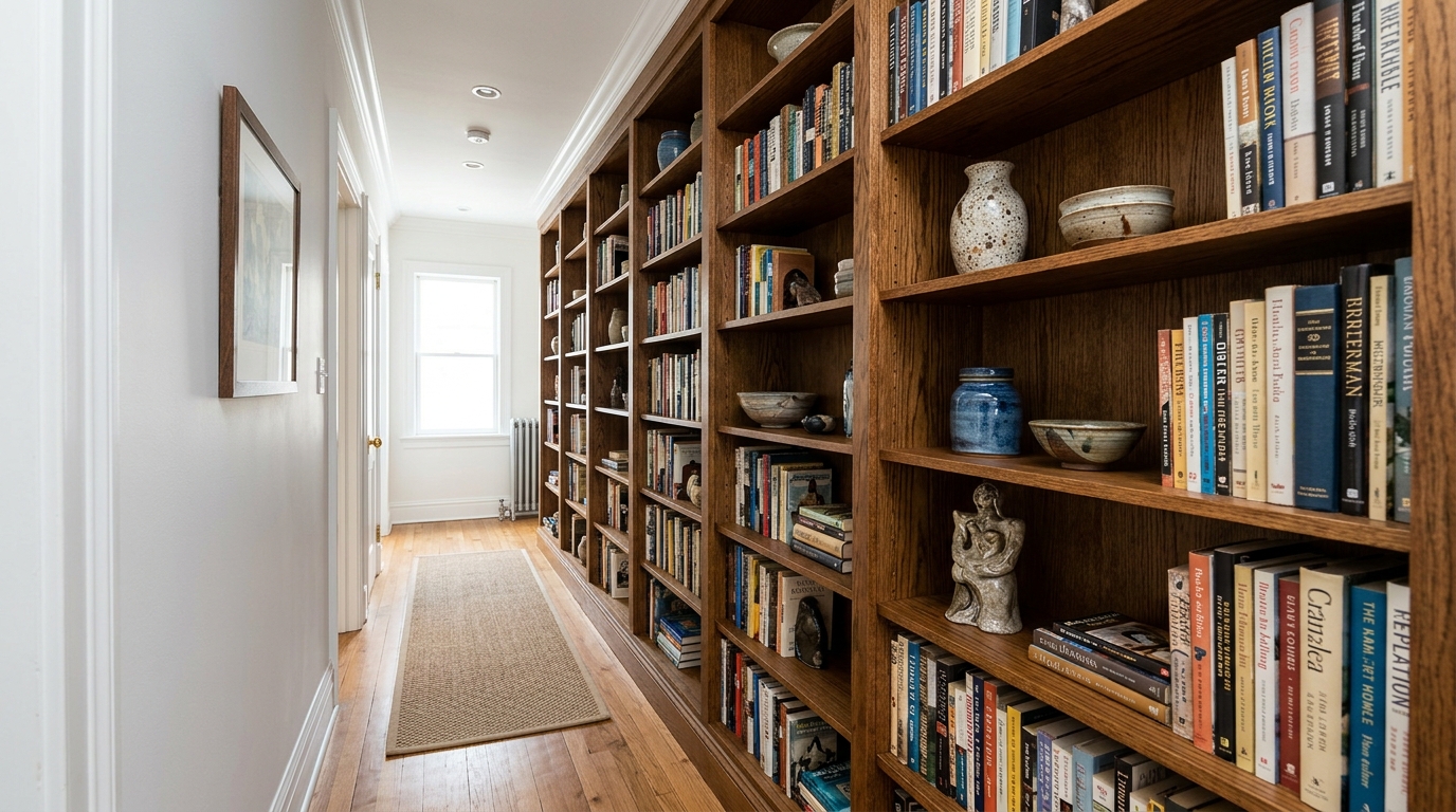 Modern narrow entryway ideas featuring a built-in floor-to-ceiling oak bookshelf that maintains a 36-inch walkway.