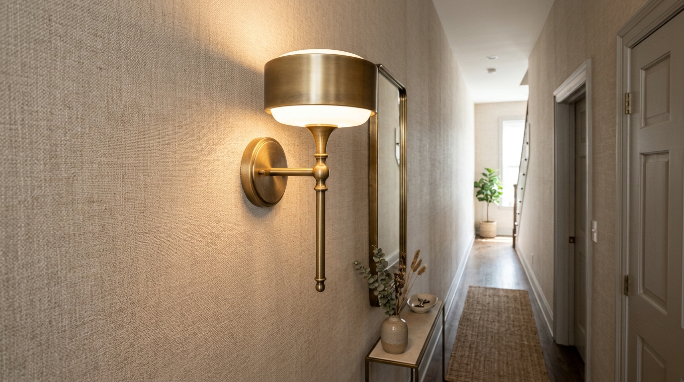 Detail of a slim-profile wall sconce in brushed brass casting a soft wash over a textured wallpaper in a narrow hall.