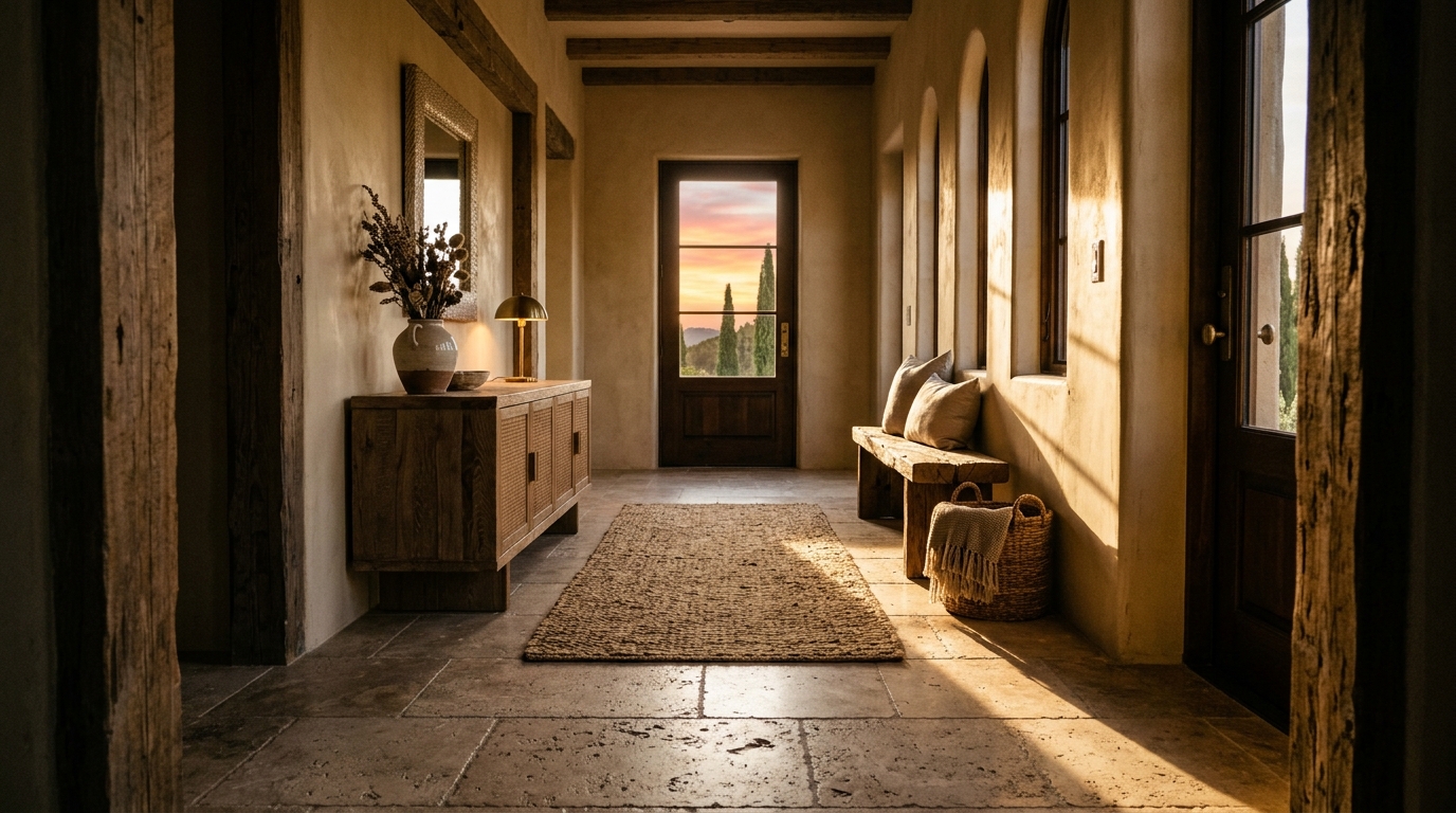 Final architectural reflection showing a perfectly balanced narrow entryway with organic materials and precise ergonomics.