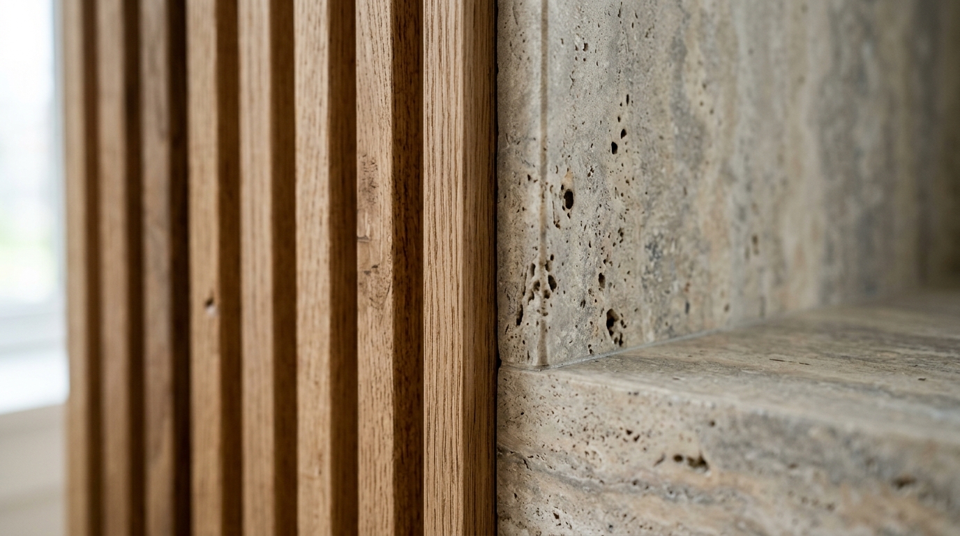 Macro detail of luxury narrow entryway ideas textures including fluted white oak paneling and a honed travertine stone surface.
