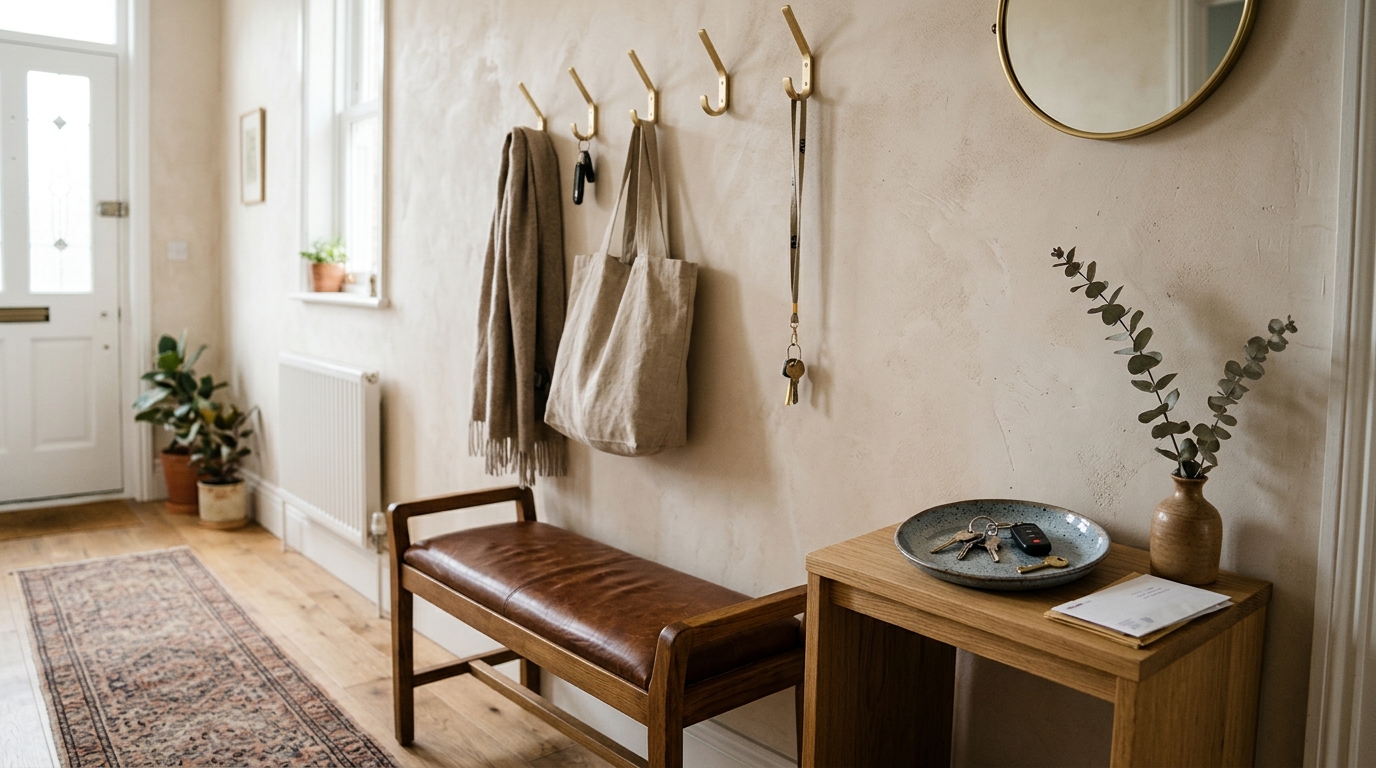Close-up of a functional drop zone with brushed brass pegs and an 18-inch leather bench illustrating narrow entryway ideas ergonomics.
