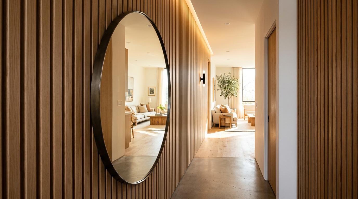 Linear perspective of a modern narrow entryway ideas hallway with vertical mirrors reflecting a curated art piece and natural sunlight.