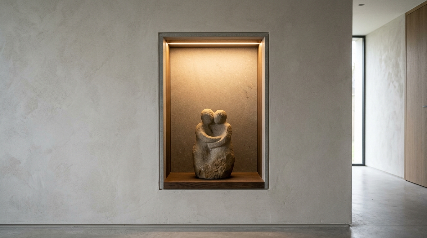 Architectural detail of a recessed wall niche with integrated LED strip lighting at 2700K in a luxury small space entryway.