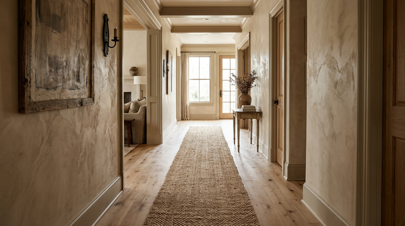 Tactile contrast in a hallway with a jute runner rug and smooth Venetian plaster walls, avoiding common entryway mistakes.