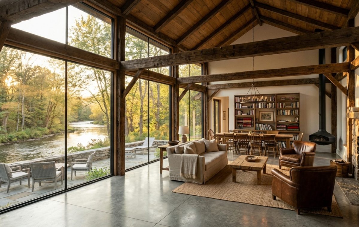 A wide-angle view of a floating farmhouse kitchen featuring a 22-foot glass curtain wall, reclaimed 1820s ceiling beams, and a minimalist island on polished concrete floors.
