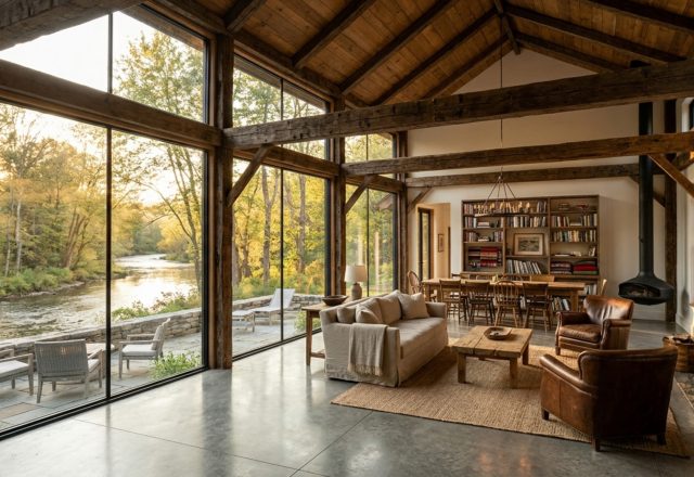 A wide-angle view of a floating farmhouse kitchen featuring a 22-foot glass curtain wall, reclaimed 1820s ceiling beams, and a minimalist island on polished concrete floors.